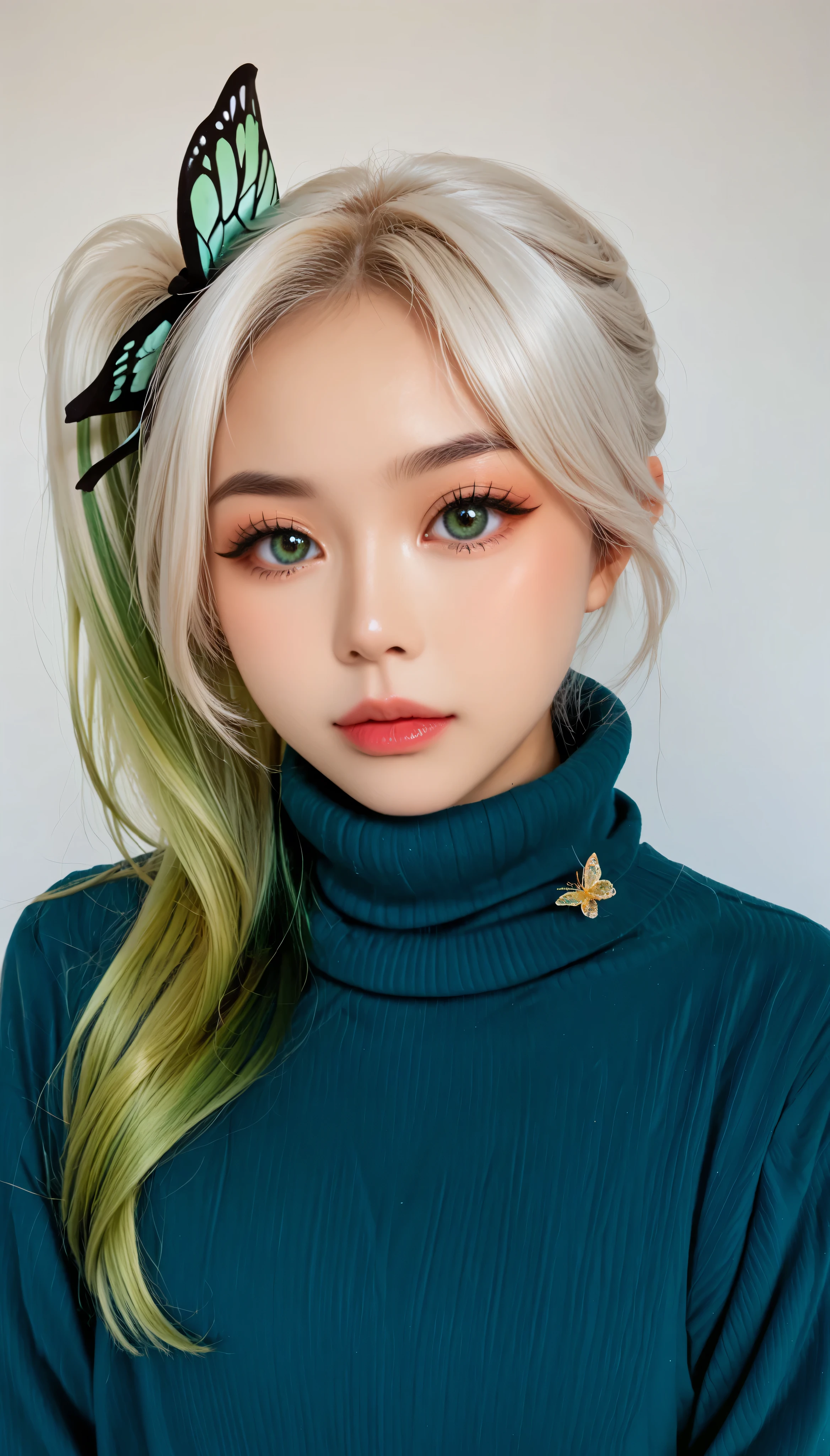 score_9, score_8_up, score_7_up, (photography), Photo RAW, best quality, hires, absurdres, ulzzang, ulzkawai, (((korean aesthetics))), k-pop, glamorous, shine, solo, (thin face), big eyes, ((Xia Yan)), blue eyes, eyelashes, lips, (nahida), my nahida, genshin green eyes, (white hair), (green hair), side ponytail, green butterfly bow, dark blue sweater, high collar,, realistic, looking at viewer, simple background, cowboy shot, sharp focus, upper body,