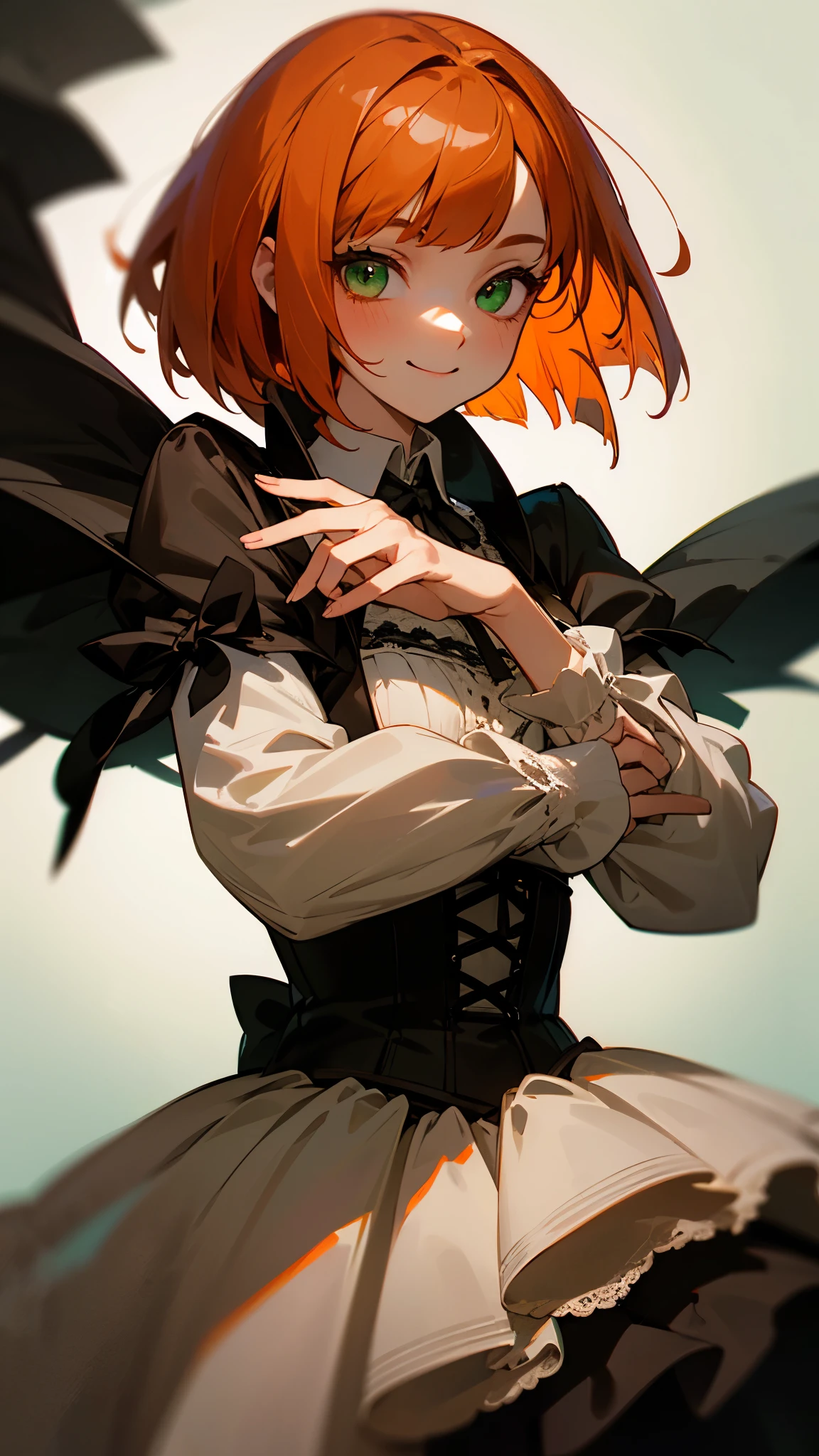 1 girl、solo、Colourful gothic clothes、orange hair、bob cut hair、green eyes、smile、standing with a straight back、perfect anatomy、gothic style dress with fine lace and flowing layers、corset before dildos insertion、depth of field、upper body close-up