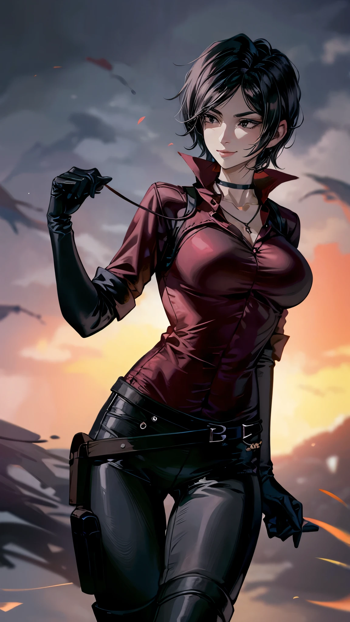 (super quality,Ultra High Resolution,16k,Super Masterpiece,Ultra HD ,detailed shading and background,)Upper body shot,Sexy Women, Short Straight Black Hair , flow the bangs to the side,red shirt with cuffed sleeves,black long gloves,The Valley of the Chest,Tight black pants,Black Long Boots,cross necklace, provocative smile, in the city at night,