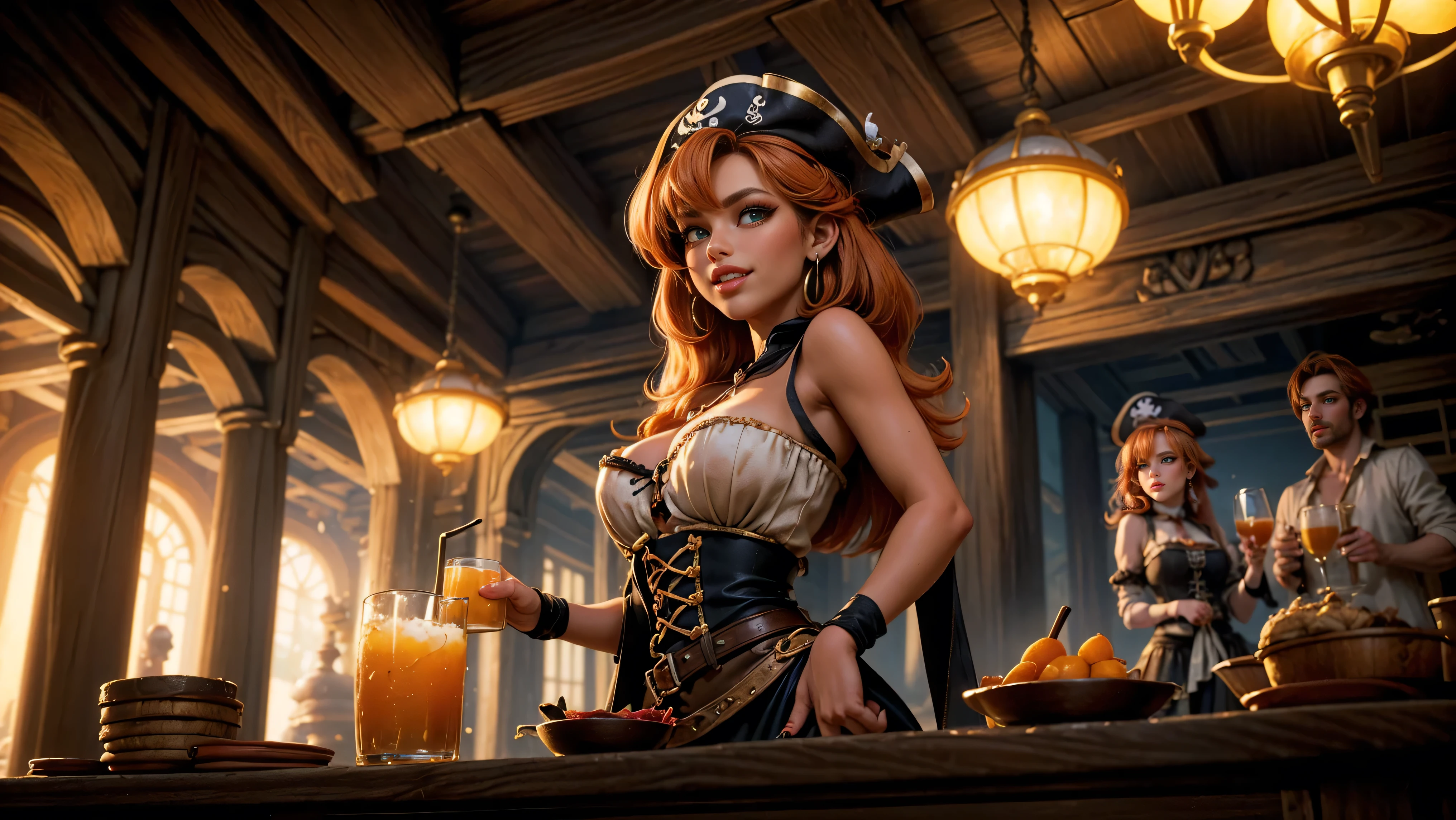 ((1 redheaded tavern wench serving drinks to dirty old pirates)), ((messy hair, orange hair)), ((1 serving girl)), ((solo girl)), ((ager)), (()), ((littlegirl)), ((Smiling)), ((little)), ((dark tan skin)), ((cute young girl)), ((she is serving dark haired pirates)), ((unshaven pirates)), ((she is walking between tables occupied with men)), ((the tavern patrons can't help but stare at her beauty as she walks by)), old tavern, pirate tavern, pirates holding and drinking tankards of ale,