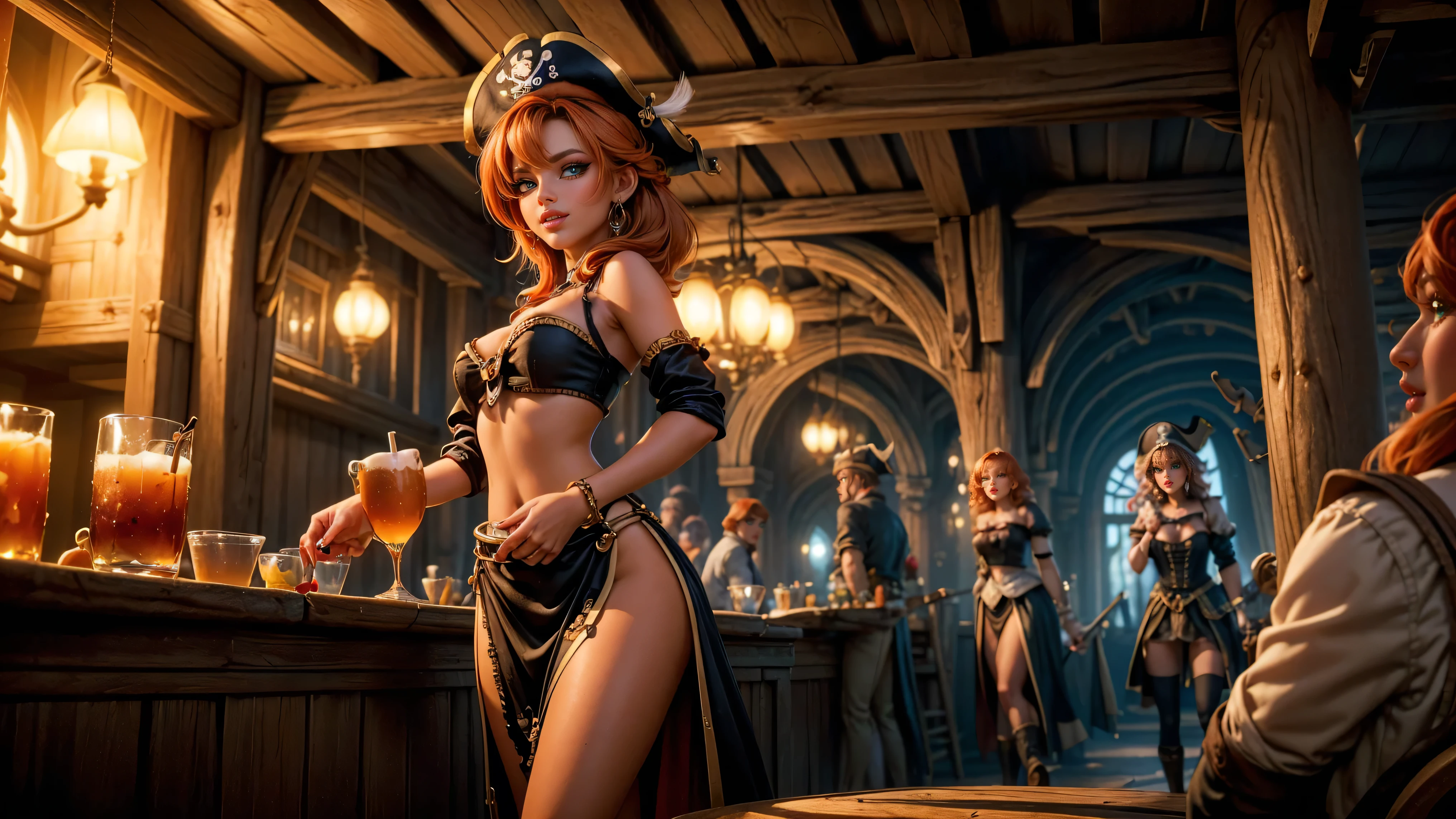 ((1 redheaded tavern wench serving drinks to dirty old pirates)), ((messy hair, orange hair)), ((1 serving girl)), ((solo girl)), ((ager)), (()), ((littlegirl)), ((Smiling)), ((little)), ((dark tan skin)), ((cute young girl)), ((she is serving dark haired pirates)), ((unshaven pirates)), ((she is walking between tables occupied with men)), ((the tavern patrons can't help but stare at her beauty as she walks by)), old tavern, pirate tavern, pirates holding and drinking tankards of ale,