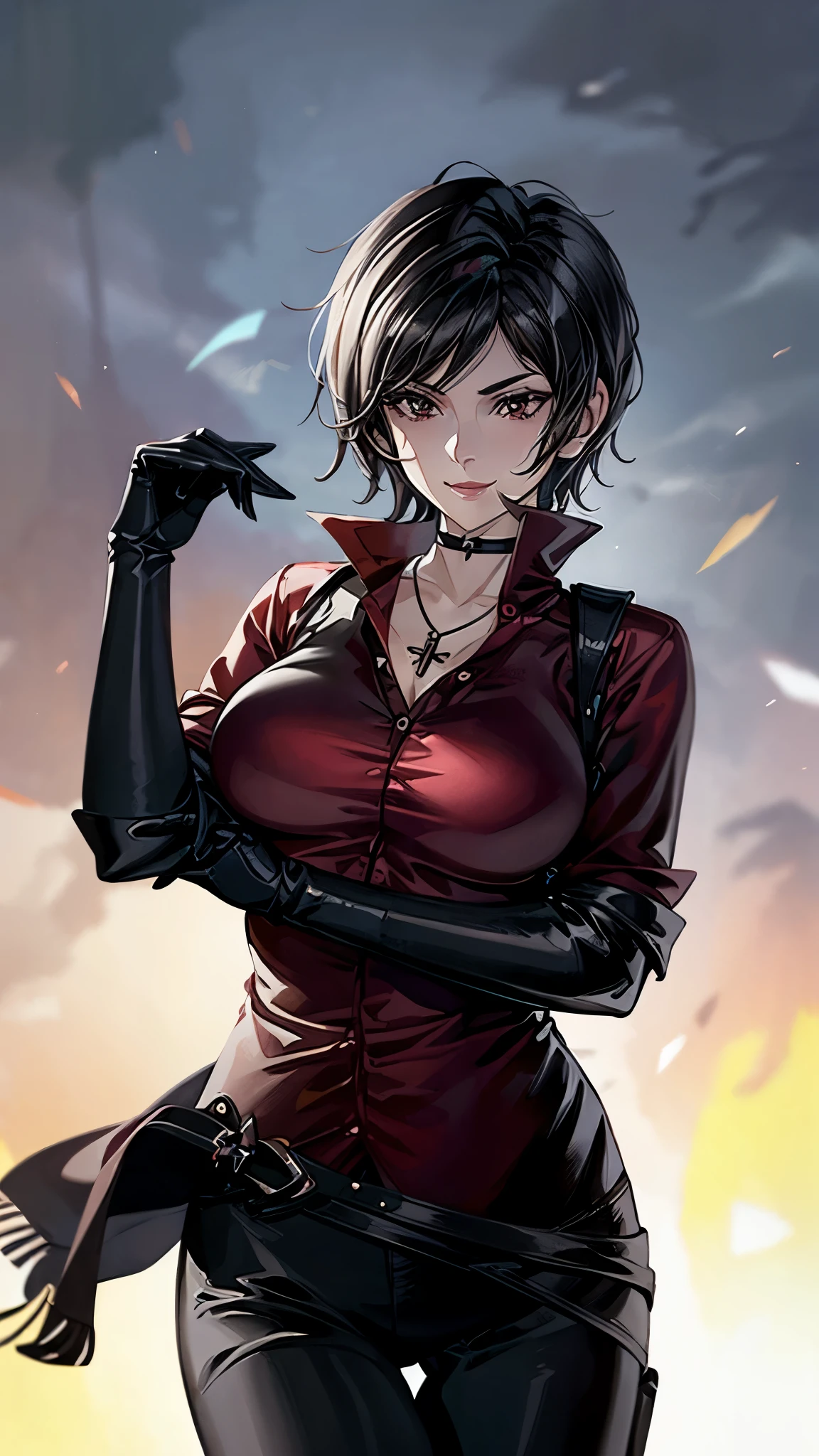 (super quality,Ultra High Resolution,16k,Super Masterpiece,Ultra HD ,detailed shading and background,)Upper body shot,Sexy Women, Short Straight Black Hair , flow the bangs to the side,red shirt with cuffed sleeves,black long gloves,cleavage,Tight black pants,Black Long Boots,cross necklace, provocative smile, in the city at night,