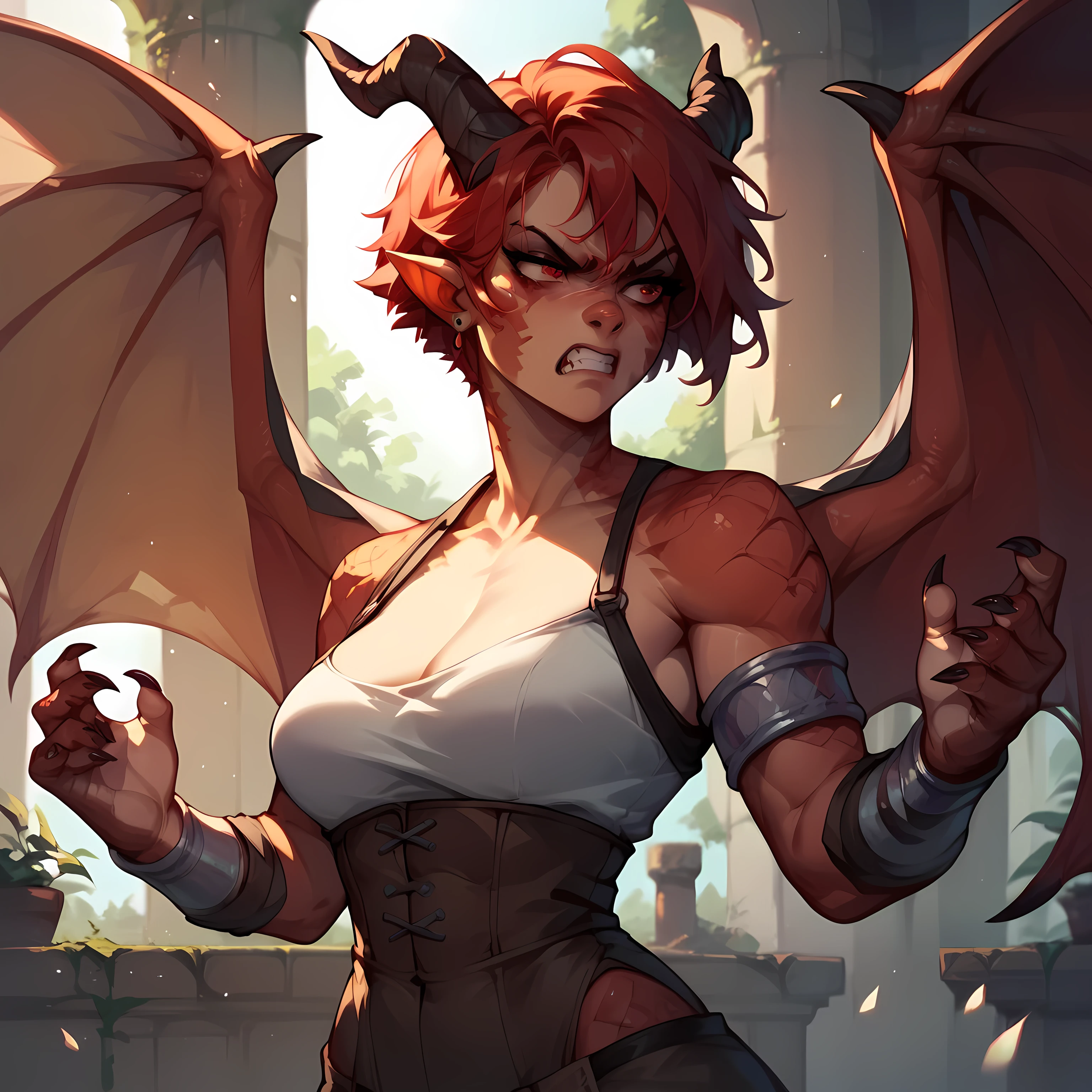 a female dragon with red eyes and short red hair. she has claws and wings and horns. she looks angry and is standing inside a dreary castle. she has on barbarian clothes waist up.