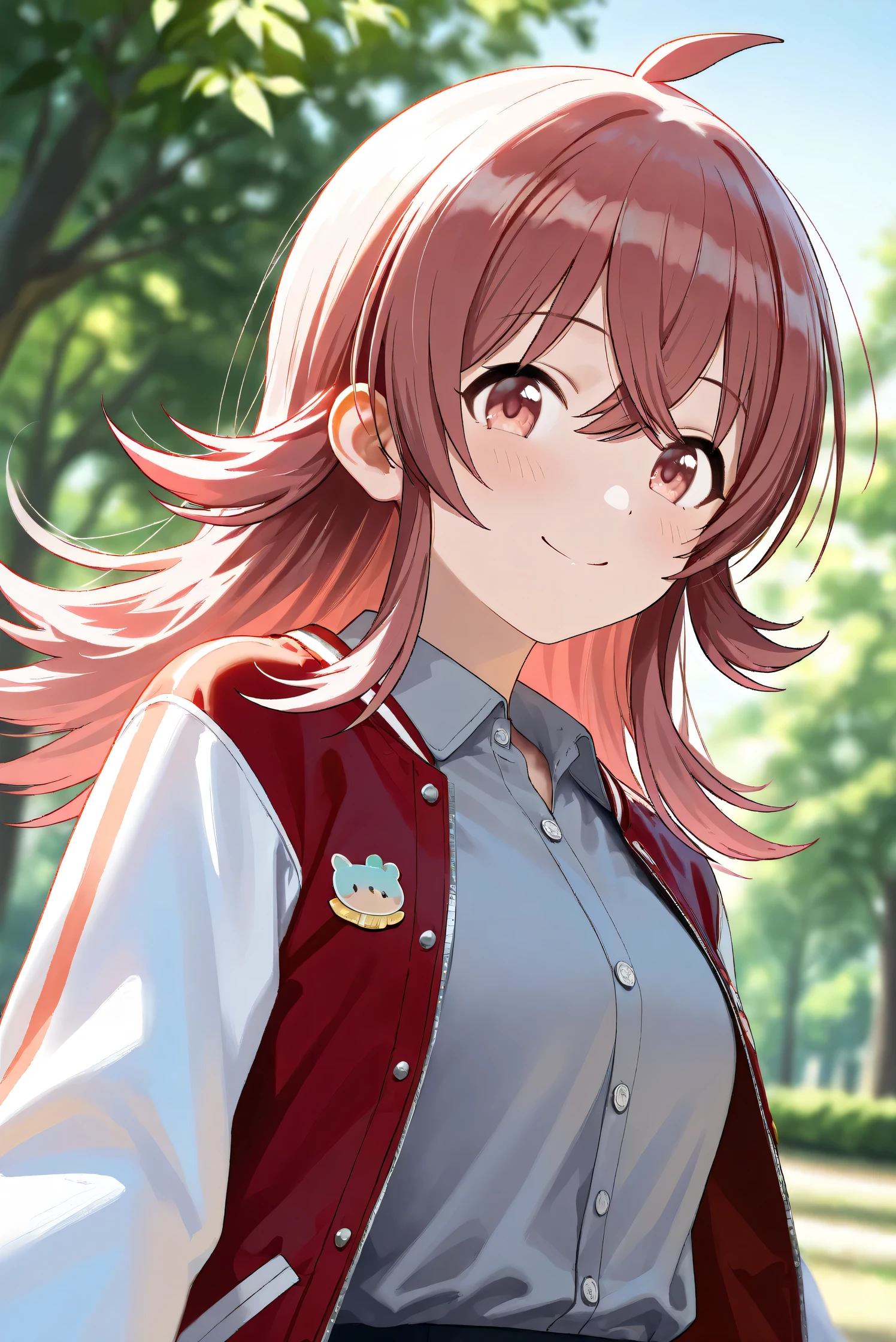 (Masterpiece), (Highest quality), (Very detailed), 
(The best shape), (Best Shadow), (Absurd), 
(Detailed background), (So beautiful), Shiny , 
Beautiful eyes in every detail, Extraordinary, Countershading, 8k, 32K, High resolution, 
Very Detailed CG,

Score_9, Score_8_up, Score_7_up, Source_anime, 
(Pastel painting:1.2), (Watercolor painting:1.2),
(Masterpiece, Detailed:1.2), (Foreshortening:1.2),

Cinematic, Dramatic, (Depth of field:1.4),
(Blurry background:1.4), (Realistic background:1.4),
(Foreshortening:1.3),Dynamic angle, From below,
1 girl,
Outdoor, Nature, Park, Wind,

Komiya Kaho, komiya kaho,
the idolmaster shiny colors,
long hair, red hair, red eyes, hair between eyes, ahoge, (medium breasts:0.7),

(Casual wear:1.3), 
(Collared shirt:1.1), (Gray shirt:1.3), (Plain shirt:1.1),
Souvenir Jacket, Open jacket, Red jacket, Long sleeves, White sleeves, Plain jacket,

Portrait, Focus on face, Close up shot,
(Blush:1.3), Smile, Happy,
Realistic skin, Shiny skin,