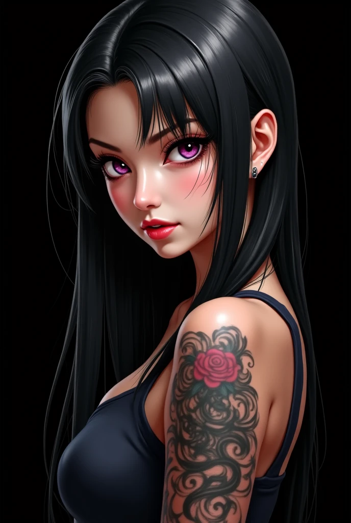 Make a female character in the art style of one piece She is black with straight hair down to her shoulders. Black with wine red highlights and in the background her hair is white. She has eyes Blacks she has a tattoo on her arm of a blue lily