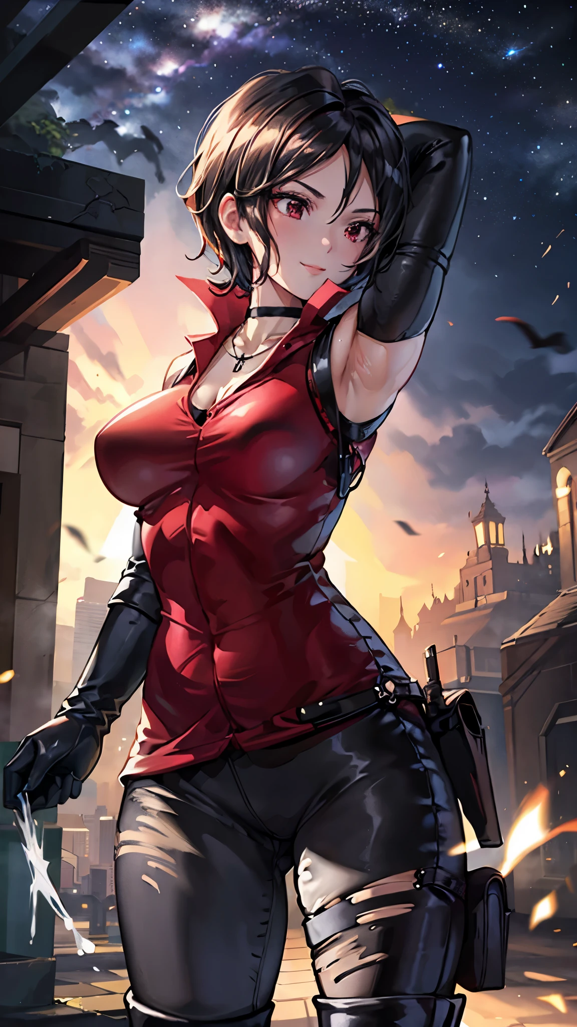 resident Evil,Ada.king,Red bottom bust dress,Slender,Black short hair,Brown eyes,earrings,Sexy,Huge chest chamber,cleavage,Hand Grip,Metallic sniper rifle,night,village,lipstick,Smile,Sweat,Blushing