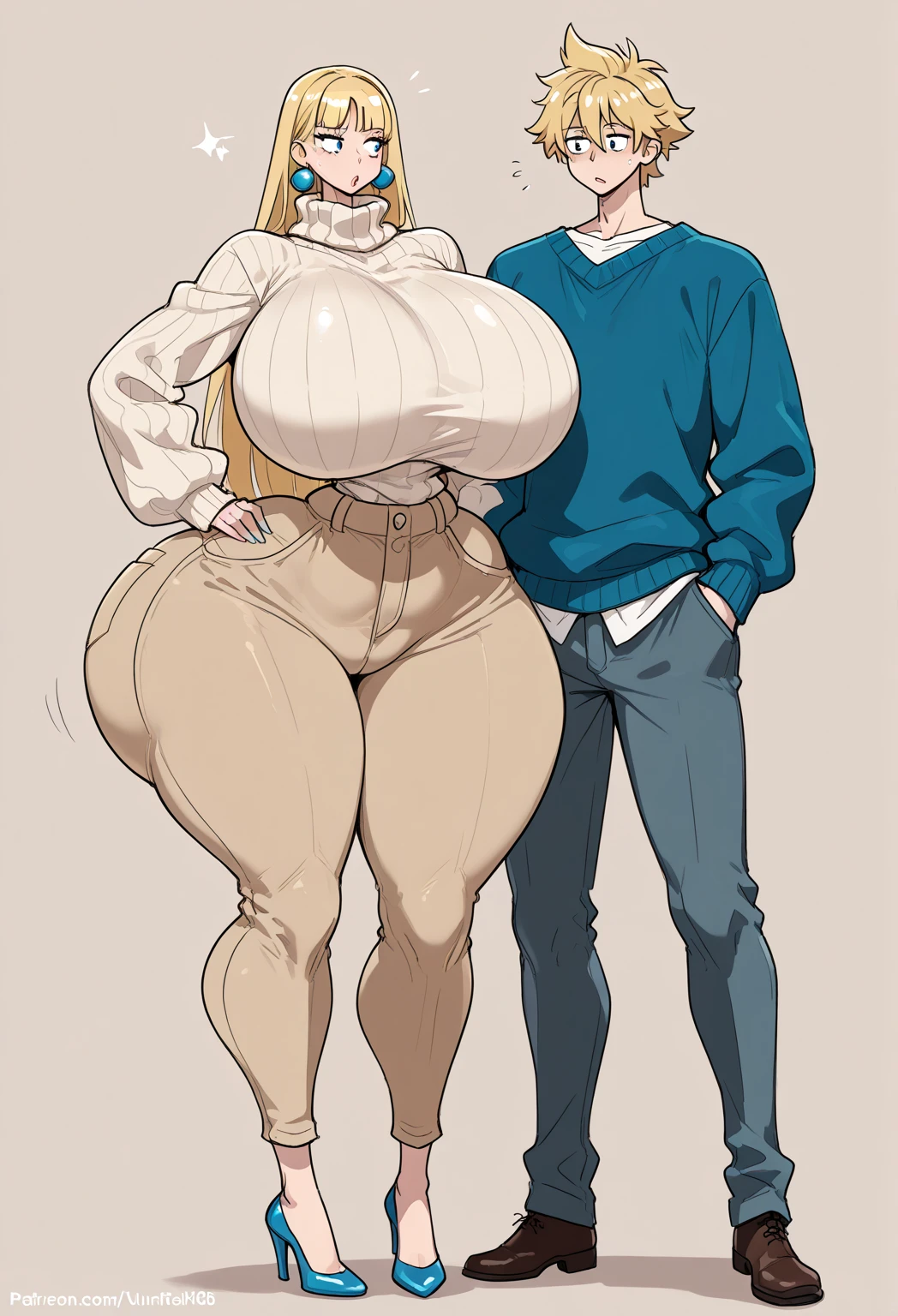 a beautiful, cute, thicc, very curvy, busty, blonde woman with chubby body (wide hips:1.6) , a huge belly, wearing jeans, a shirt, and a bra, standing with her son, who is hugging her belly, a cute, photorealistic couple, realistic skin textures, intricate details, high quality, highly detailed, masterpiece
