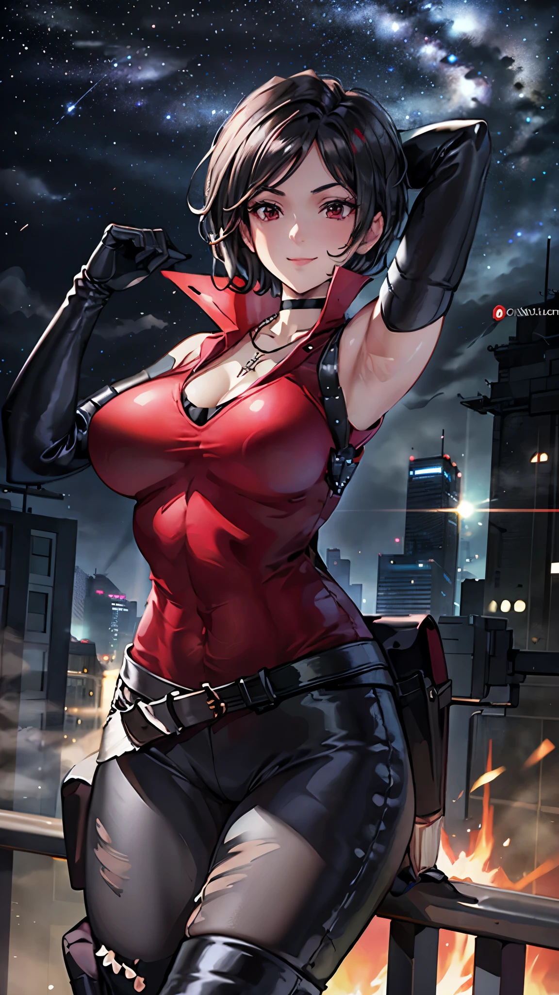 （super quality,Ultra High Resolution,16k,Super Masterpiece,Ultra HD ,detailed shading and background,）Upper body shot,Sexy Women, Short Straight Black Hair , flow the bangs to the side,red shirt with cuffed sleeves,black long gloves,cleavage,Tight black pants,Black Long Boots,cross necklace, provocative smile, in the city at night,