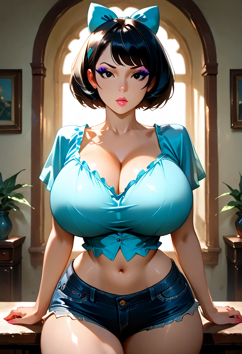 1 mujer,(top negro pechos rojos escote con jeans),sala de amor roja,((mujer madura))(ojos azules)(ojos perfectos)((pechos enormes)),(Cara perfecta),labios rojos,((solamente))),Manos en las caderas,angry expression,cuerpo perfecto,((manos perfectas)),pechos enormes,