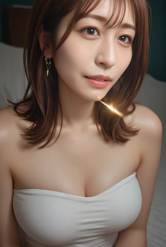 (top-quality、8K、32K、​masterpiece、nffsw:1.3)、beautiful japanese female、1 female、(breastsout、Attractive body:1.2)、dark brown hair:1.1、Ultra-detailed face、Detailed lips、A detailed eye、二重まぶた、tiny chest、cleavage of the breast、Detailed sweatshirt、Detailed wet skin、Room lighting、