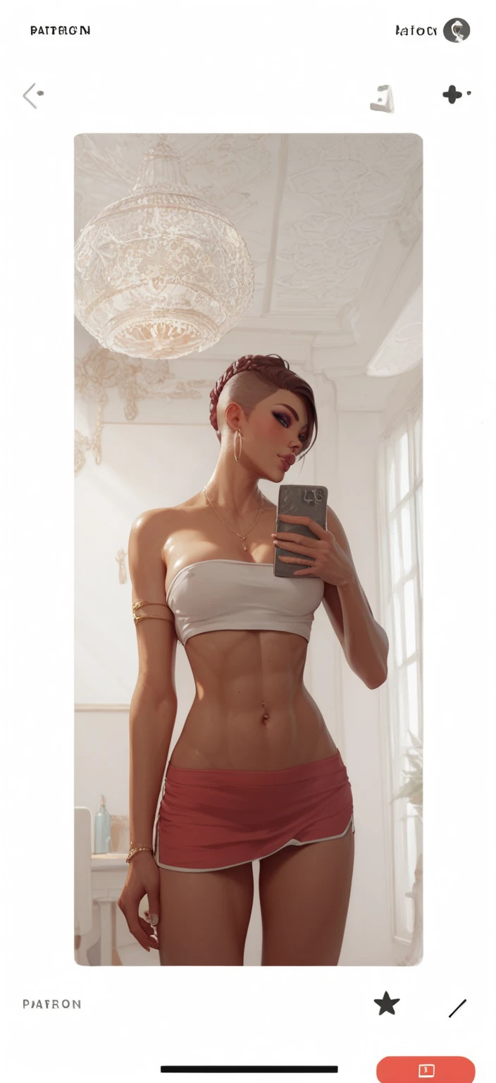 a woman taking a selfie in front of a mirror, masculine and strong, half asian, valentina remenar, popular on instagram, she is holding a long staff, athletic shorts, short bob hair, unusually attractive, showing off biceps, florence pugh, sport bra and shorts, bixbite, uncropped, wow!,