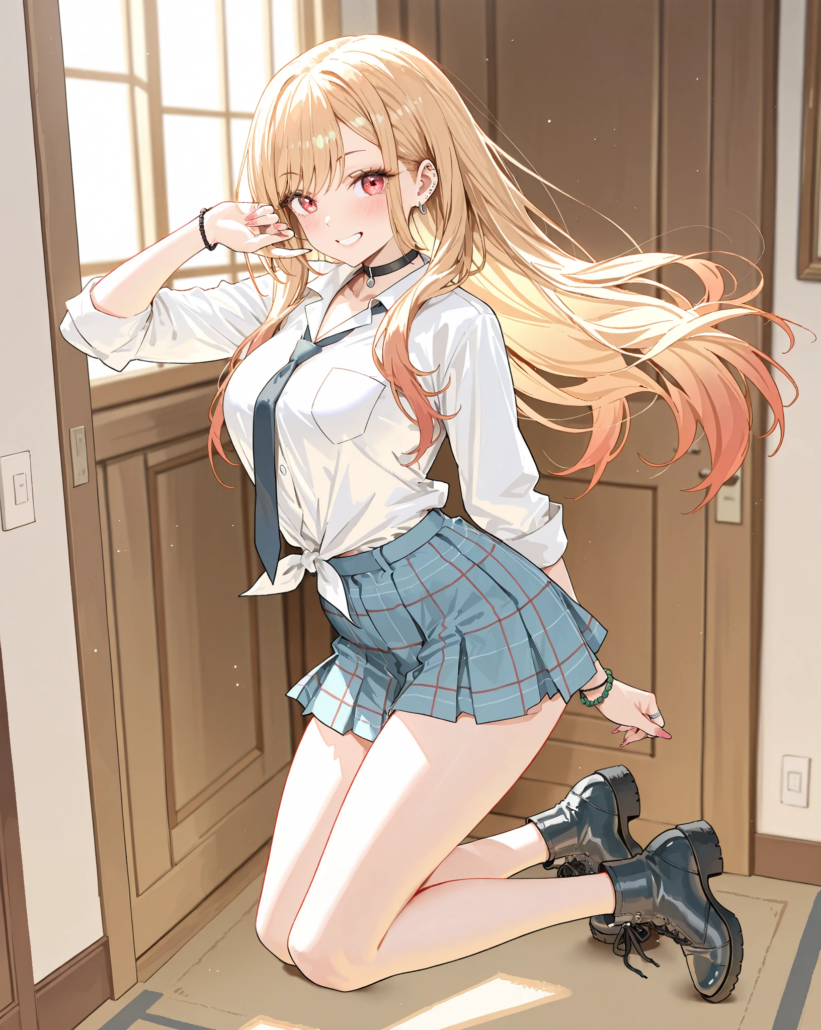 (NSFW), masterpiece, best quality, highres 64k, professional artwork, famous artwork, clean, cinematic lighting, beautiful eyes + detail, beautiful hair + detail, multicoloured hair, (sexy young female body:1.4), ( medium breasts, lactation), happy:1.2, smile, sexy looking at the viewer, floating hair, kalina, KalinaGK, blonde hair, blue eyes, white shirt, indoors, doorway, open door, (welcome home)