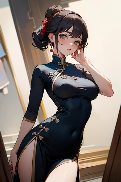 luxury hotel entrance indoors, 1lady solo mature female /(black medium hair/) bangs, blue floral cheongsam, blush kind smile, (masterpiece best quality:1.3) delicate illustration high resolution ultra-detailed perfect face beautiful skin large breast