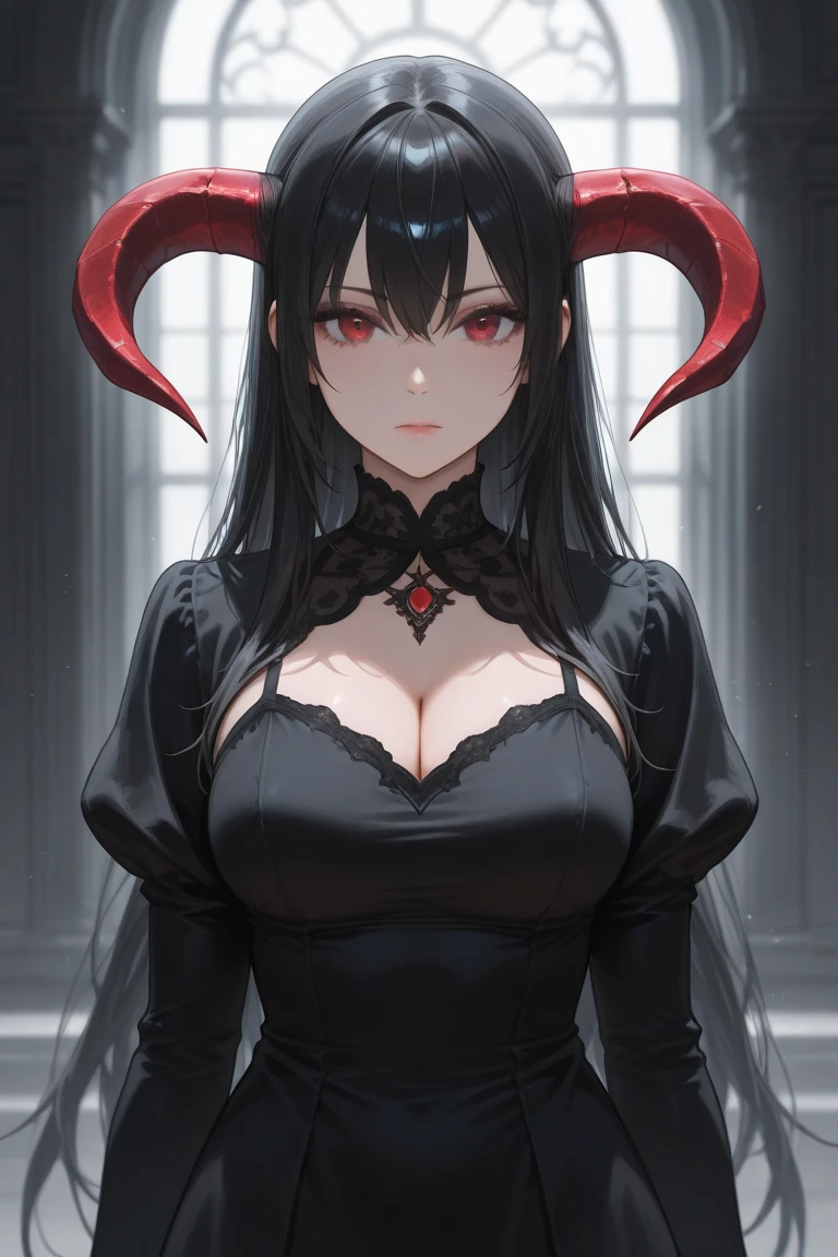 A gaunt woman with curved goat-like horns, long black straight hair, orange eyes with square pupils, a sad and weary expression, big dark burn mark over her face, pale skin, medieval style, 8k, ultra-detailed cinematic lighting, intricate details, dramatic lighting, muted color palette, moody atmosphere, fantasy, dark fantasy, concept art