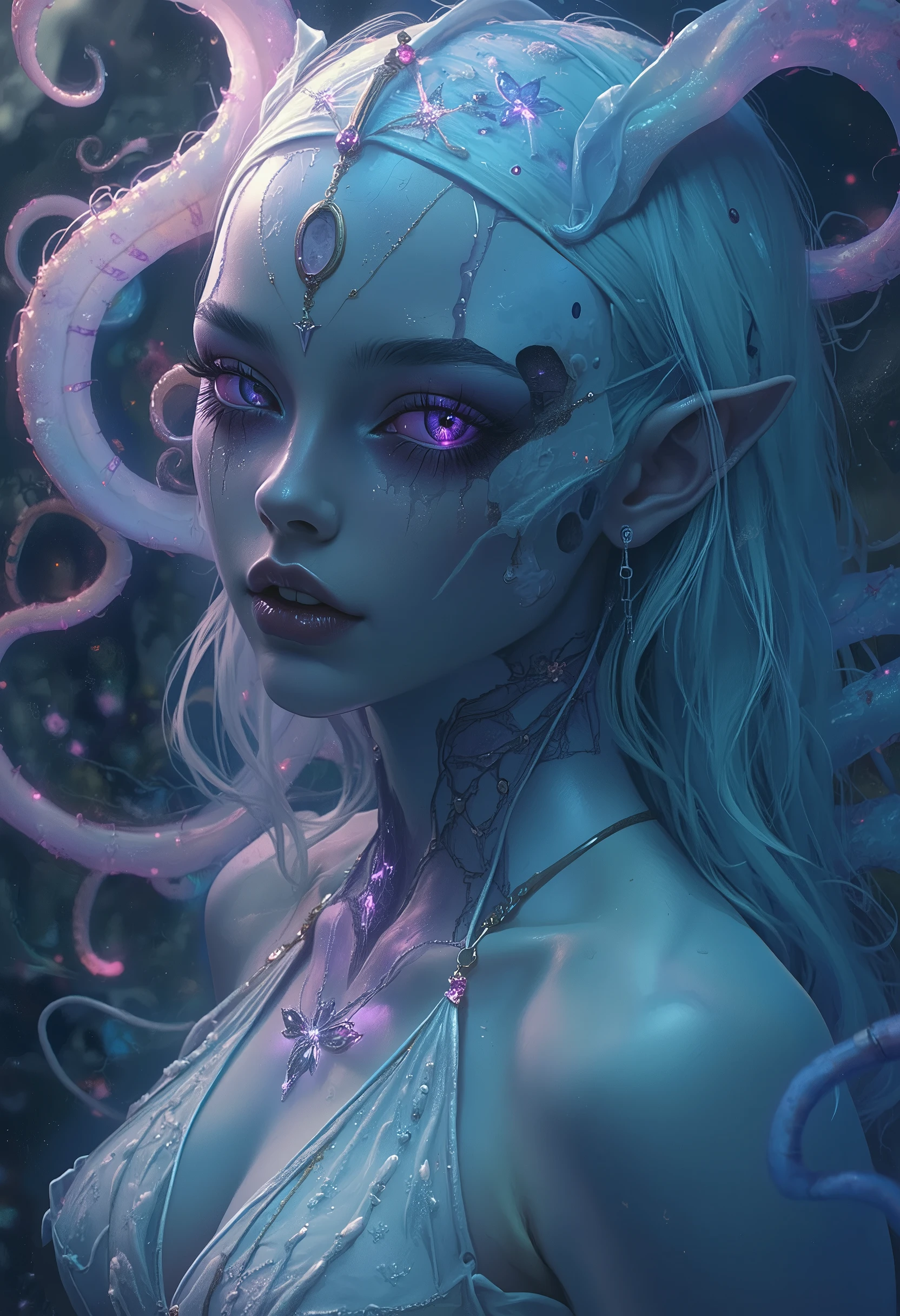(4 iridescent eyes:1.5), four eyes, scary and sexy detailed art in color, Portrait, (beautiful and obscene female alien:1.4), (vulgarity1.7), (Translucent white skin:1.4), (There is a female genital-like organ in the middle of the forehead:2.3), (The most beautiful face in the history of the universe:1.2), an evil gaze that seduces, (sharp vampire teeth :1.0), Full body portrait, (bio luminescent:1.2),(Lots of translucent tentacles:1.8) , Neon Colored, in the deep sea, dramatic pose, four eyes,