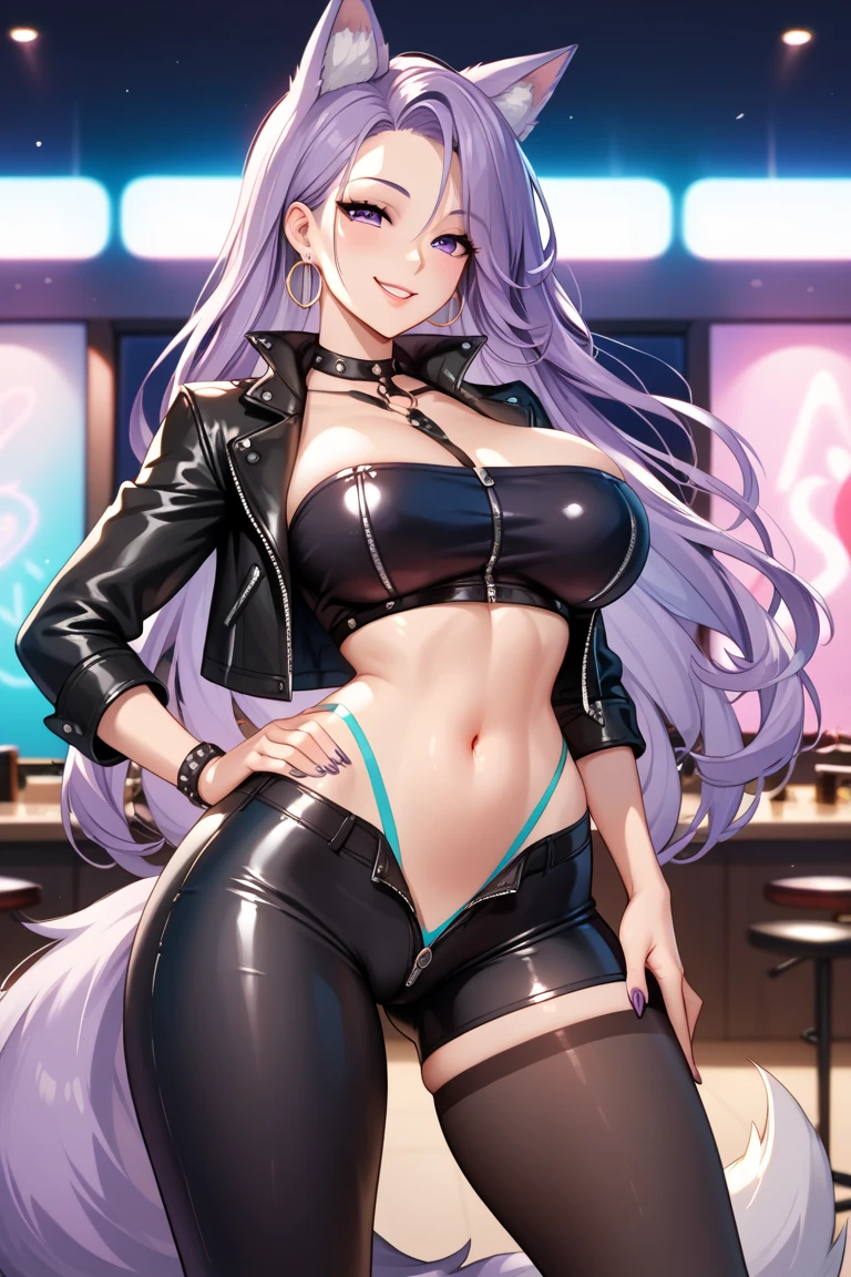 A portrait of a mature woman with very long PURPLE wavy hair and drill curls, side-swept bangs, blue eyes, ligh tanned skin, confident smile, wearing a black party dress, inside of a nightclub in the city, nighttime.