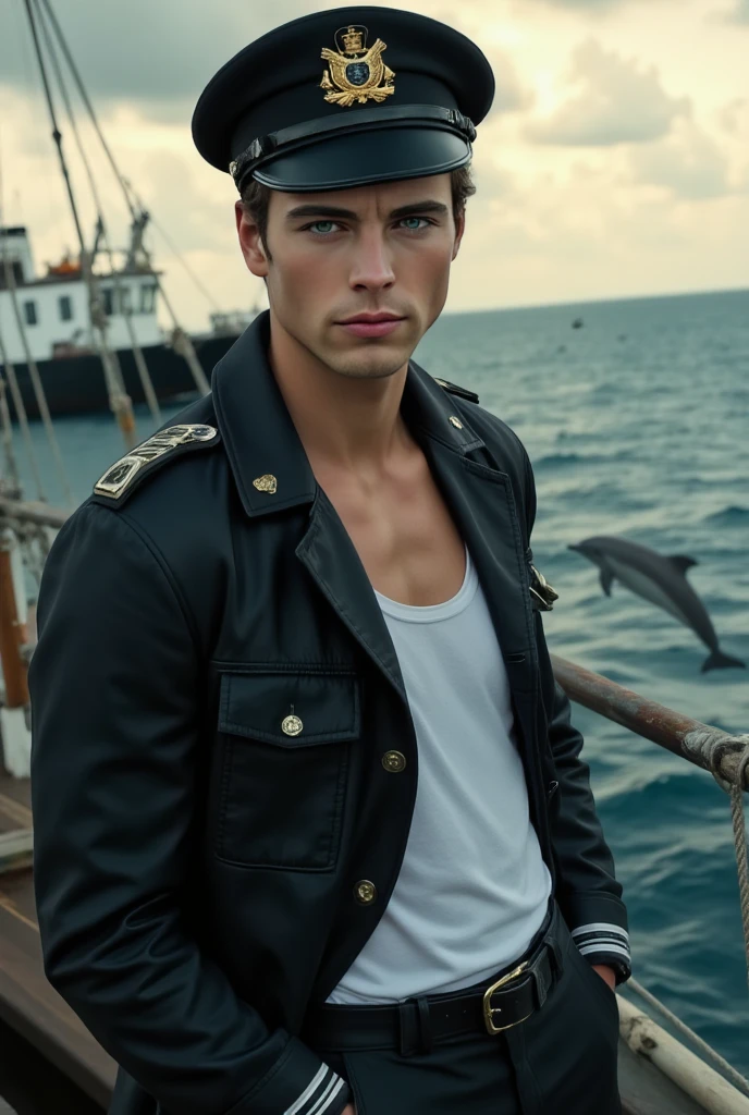 HD quality, high definition, fisherman male 18 years old handsome, muscular and slim, red lips, leaning against his boat, naked exposed vagina, model with bracelets, earrings and Necklace, wearing sunglasses, open vest, fully nude and naked body, eyebrowse angry, side view, wearing shoes, in the middle of sea