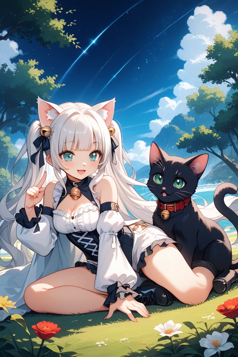 Beautiful cat with soft, glossy fur and mesmerizing green eyes, sitting on the edge of a helipad, looking up at a majestic helicopter with its blades spinning. A cookie with a Russian flag design lies next to the cat, adding a playful touch to the scene. The art style is ultra-detailed and realistic, with high-definition textures and lifelike rendering. The lighting is soft and warm, creating a cozy atmosphere, while the helicopter's metallic surface shines under the sunlight. The colors are vivid and rich, adding depth and dimension to the image.