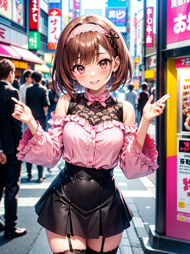 Beautiful woman, sparkling eyes, false eyelashes, pink lips, big and full breasts, two arms, Thumb and four fingers, anatomically correct fingers, detailed description, Plaid ruffle dress, Outing, Casual style, Outstanding style, ribbon,
