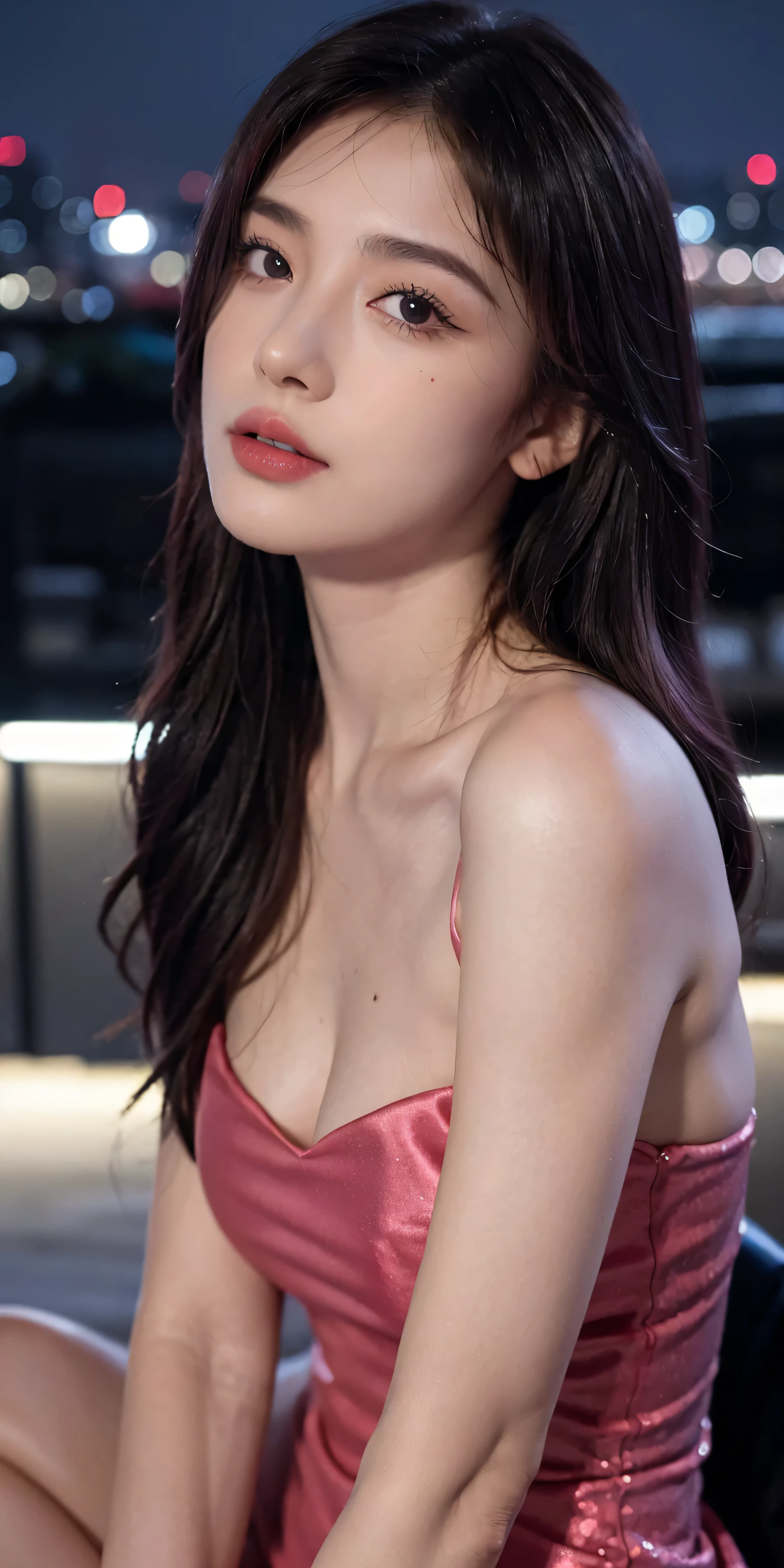 ((((8k))),((Extremely meticulous CG)) ,(wallpaper),16k,((Extremely refined and beautiful)),(((Masterpiece))),(((best qualtiy))),(((Ultra High Resolution))),beautiful light up,Perfect lightning,realistic shaded,[A high resolution],(Smooth and flawless fair skin:1.5),(pale skin:1.3),Extremely exquisite facial details,(perfect body:1.1),ultra-detailed,A beautiful girl,solo,small head,(long hair:1.1),((bangs)),(messy hair:1.2),(confused eyes:1.2),small face,Exquisite makeup,(huge breasts:1.5),towering chests,slim,thin,happy,(smile:1.2),(Black lace strapless dress:1.3),(thighs),(slender legs:1.2),(pantyhose:1.2),(high heels:1.2),(night scene:1.5),(Beside the street:1.5),(At the entrance of the massage parlor:1.3),(Pink neon lights:1.2),(detailed background:1.5),(arms behind back:1.3),(standing:1.3),(close-up of upper body:1.2),(from front:1.3),(Surrounded by crowded crowds:1.5),(winter)