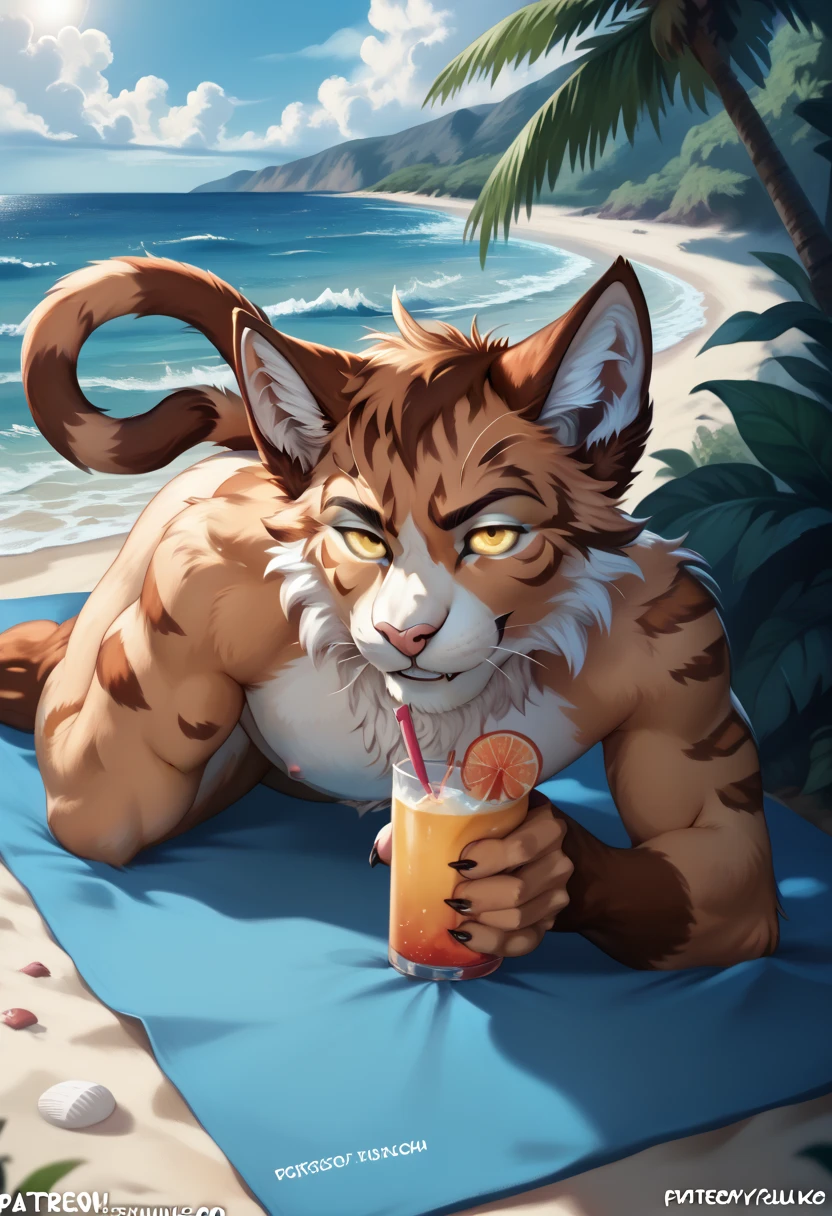(4fingers), small_round_ears, small_panda_ears, pandaren, world_of_warcraft, furry, anthropomorphic, fluffy_tail, foxtail, cfemale, claws, red_panda, tiger_stripes, tiger_face, flat_chested, teen, teenager, amber_eyes, (pupils), (tiger_legs), black_left_foot, white_right_foot, (four_fingers), waist_long_ponytail, brown_hair, ((three_toes)), ((3toes)), ((detailed_eyes)), ((detailed_face)), detailed_hands, beach, swimsuit, white tail tip,