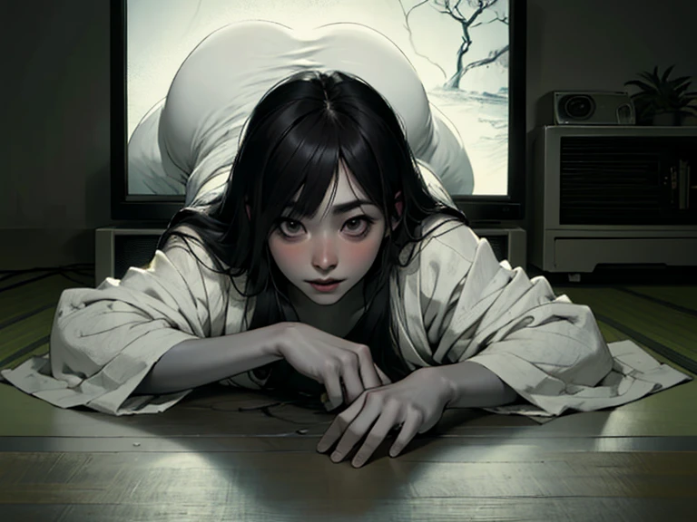 (masterpiece:1.3), (8k, Realistic, RAW Photos, highest quality: 1.4), (Japanese women), (1 Sadako), Beautiful Face, (Realistic Face), (Black Hair, Long Hair:1.5), Beautiful hairstyle, ((The face is hidden by bangs:1.3)), Realistic eyes, ((White of the eyes:1.2)), Beautiful fine details, (Realistic Skin), Beautiful Skin, ((White skin:1.4)), Absurd, Charm, Ultra-high resolution, Ultra-realistic, Very detailed, Golden Ratio, ((Crawling out from the TV)), A dark four-and-a-half-tatami Japanese-style room, (steam:1.0)