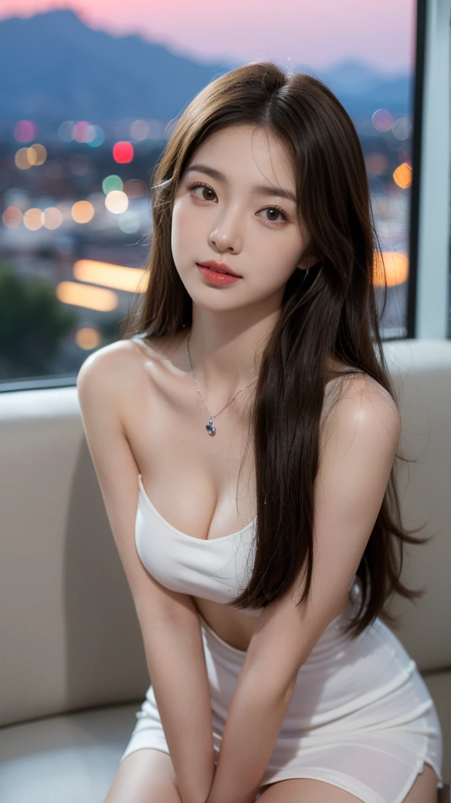 Masterpiece, Top Quality, Ultra High Definition, Colorful, Flat Color 1 girl, watching viewer, girl in the korea karaoke, sweaty cheeks, detailed texture, white blouse, blue jeans, deep cleavage, beautiful detailed face, adult atmosphere, exposure, upper body up, TV background, (black wave hair with bangs), big: 1.4, ANNAA, (Drinking beer), ((Natural ear shape))