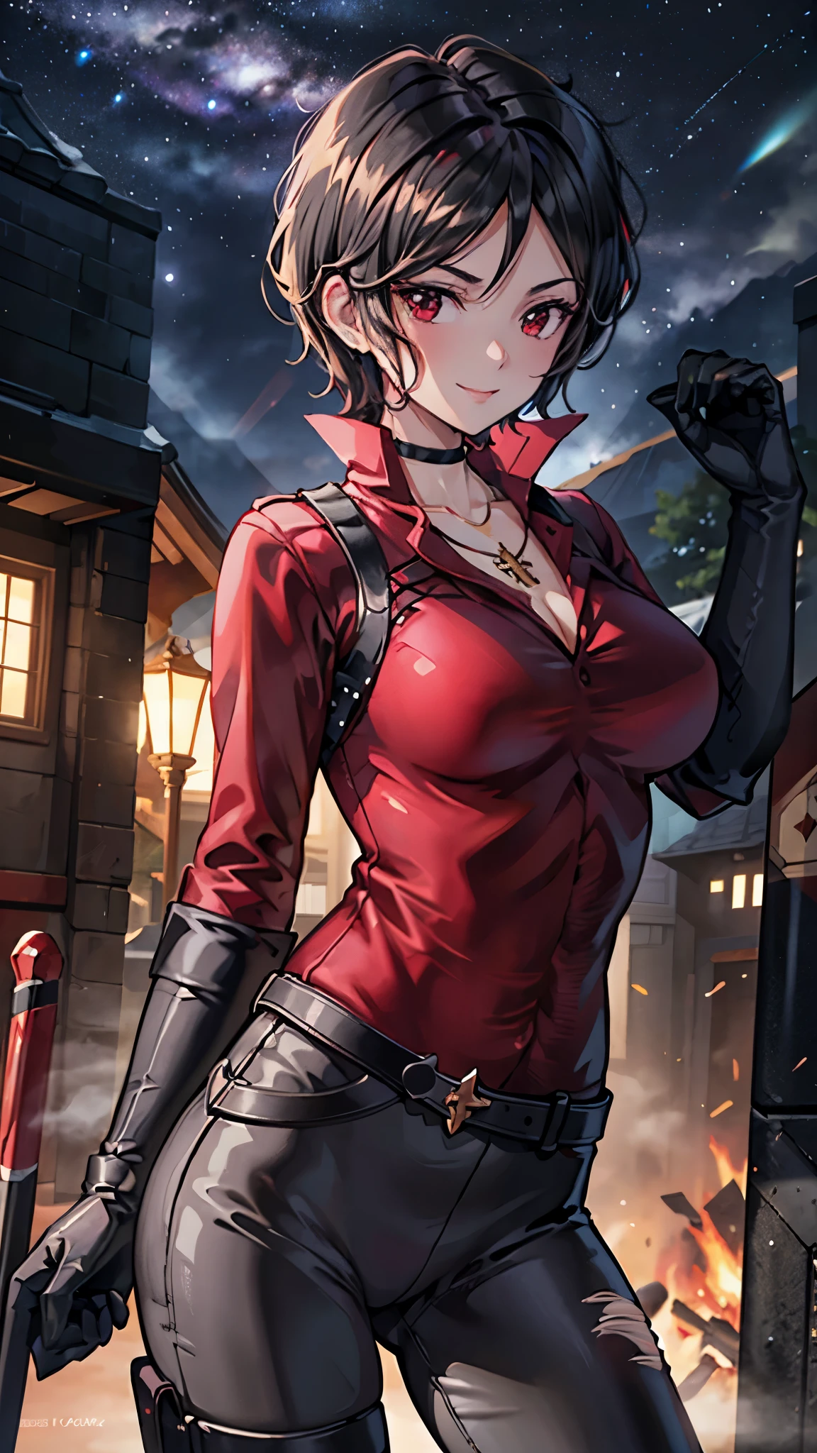 (super quality,Ultra High Resolution,16k,Super Masterpiece,Ultra HD ,detailed shading and background,)Upper body shot,Sexy Women, Short Straight Black Hair , flow the bangs to the side,red shirt with cuffed sleeves,black long gloves,cleavage,Tight black pants,Black Long Boots,cross necklace, provocative smile, in the city at night,