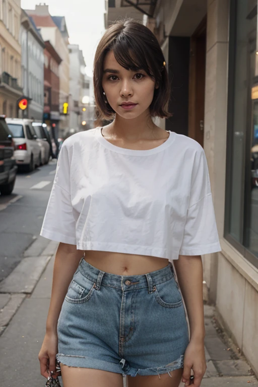 1girl, solo, looking at viewer, short hair, grey hair, hazel green eyes, standing, side walk, white tshirt, jeans, day, lips, realistic