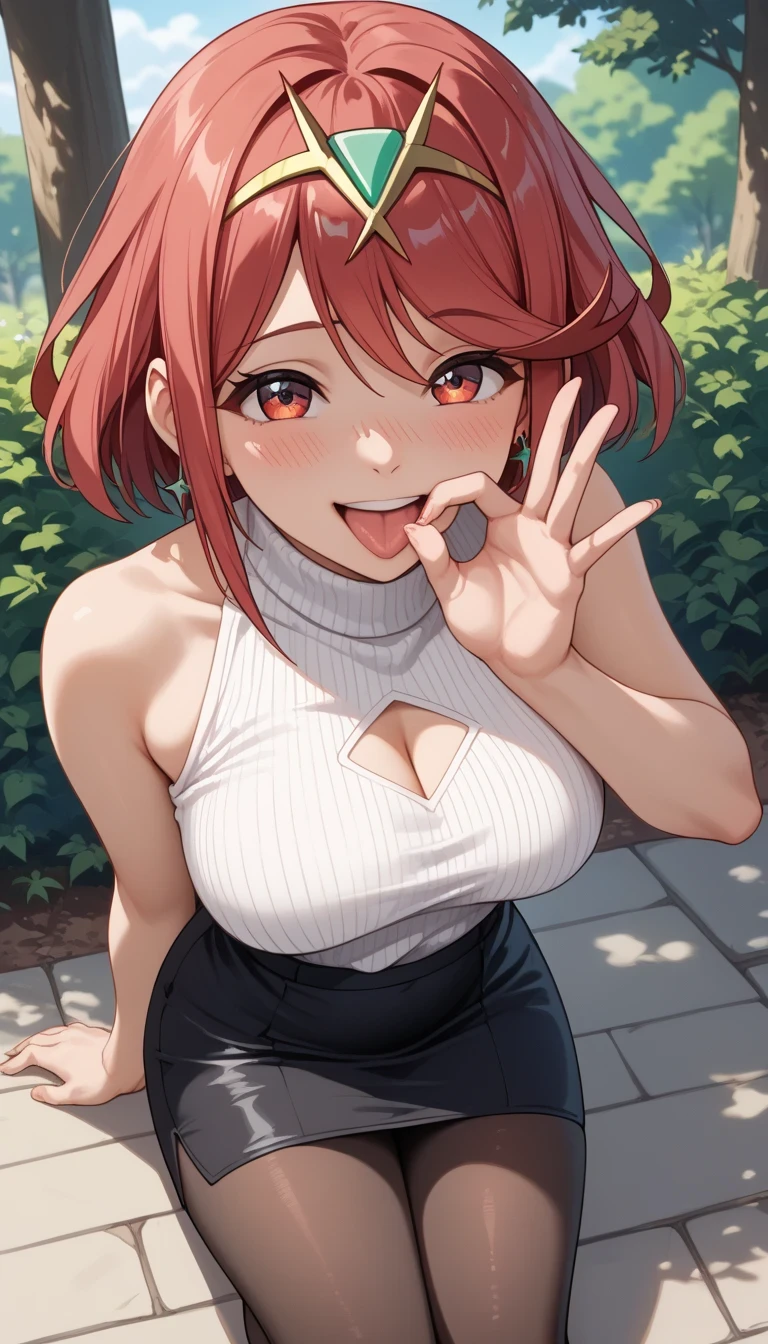 score_9, score_8_up, score_7_up, source_anime、top quality、8k、 masterpiece、ultra high definition、 natural light、perfect anatomy、 perfect eyes、beautiful eyes、one woman、medium breasts、saggy breasts:1.4、Pyra , (sleeveless rib knit sweater、Chest cutout、Tight Pencil Skirt、pantyhose)、((is embarrassing:1.3、happy、Kamisan))、Under the sunlight filtering through the trees、squats、Fellatio Gestures、Photographing the upper body、shot from above