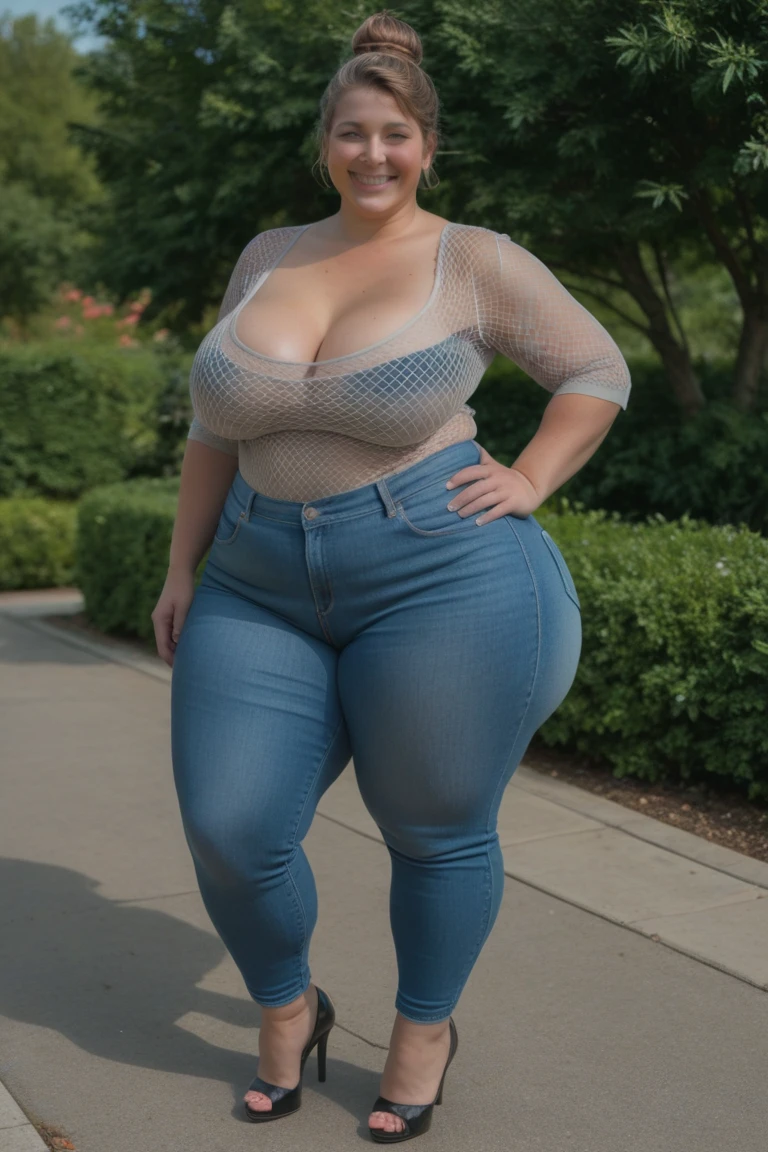 huge breasts, big hips, Tank top, denim shorts, full body shot, mature mother, Whip whip lower body, plump thighs, plump calves, bewitching mature woman, Perfect body, plus size model,