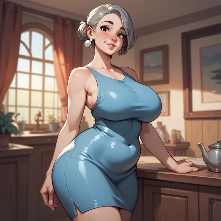 ((masterpiece)), (best quality), (ultra-detailed), best artist, realistic, 4k wallpaper, detailed face, (seductive smiling), 1girl, ((boyish_hair, rainbow blue hair)), ((sexy)), (erotic:1.2), (naked), dominant and intimidating, choker, seductive poses, hand on hip, (red lipstick, parted lips, seductive smiling), large breasts, thick thighs, skindentation, standing, cowboy shot, looking at viewer, indoors, kitchen, from below, oiled skin:0.4, (shiny skin), ((correct composition)) milfication