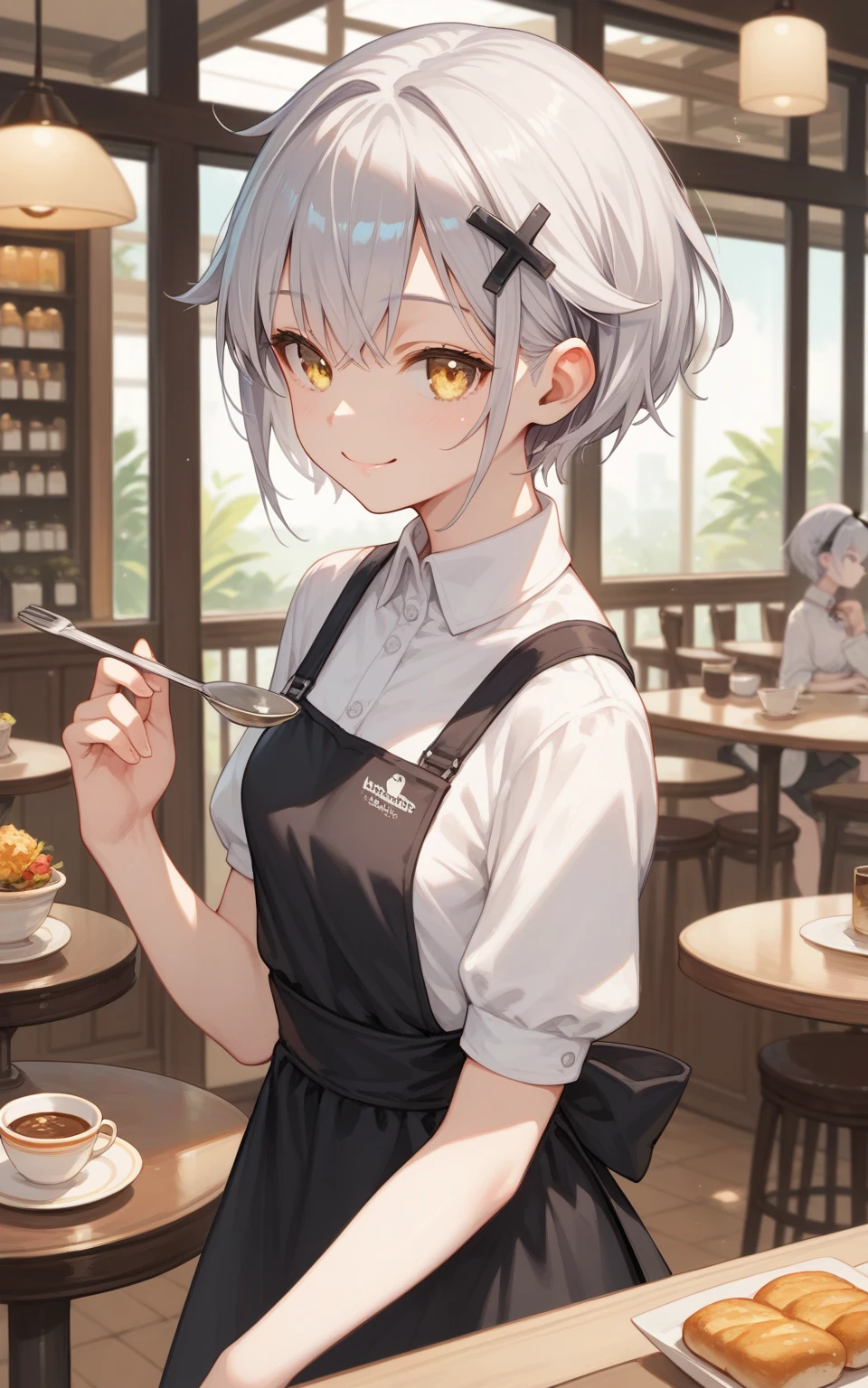 Cute girl, short white hair, black eyes, big smile, waitress, tattoo, black shirt, short black skirt, big breasts, apron