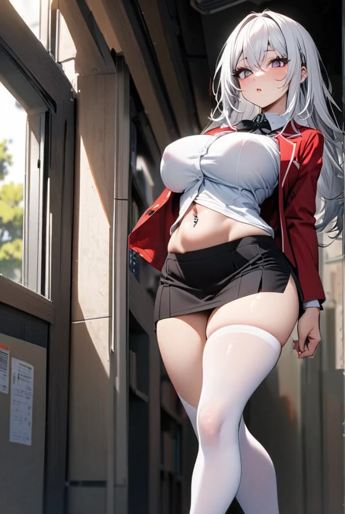 1 Girl, white hair, long hair, teacher, dark skin, Dark-skinned women, white shirt, shirt, Glasses, red Glasses, Yellow eyes, pencil skirt, skirt, Become a, Pantyhose, black Pantyhose, Huge breasts, Thick thighs, Smile, giggle, smug,(((Large Breasts)))