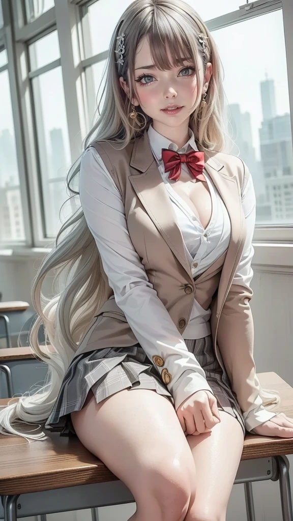 realistic, High resolution, soft light,1 female, alone, waist rises high, (detailed face),colorful hair、shortcut,wear,long hair、(ponytail)、((Upskirt))(hyperrealistic), (high resolution), (8K), (extremely detailed), (best illustration), (beautiful detailed eyes), (best quality), (super detailed), (masterpiece), (wallpaper), (detailed face), solo, (dynamic pose), 1 girl, white wavy hair, European , heterochromic eyes, ((apron)), big breasts, long legs, tightens abs, (camel toes), (black stockings), (thick lips), (red suit, shirt, red jacket, red tight skirt, black pantyhose), standing proudly in front of the blackboard, classroom, professional lighting