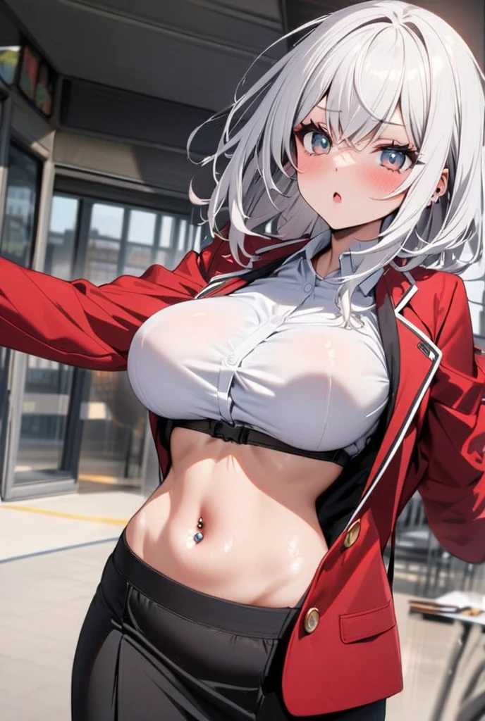 masterpiece,best quality,highres,illustration,hyper detailed,8k cg wallpaper,ray tracing,((white hair:1.2)),((red eyes:1.2)),((long hair:1.1)),((straight hair:1.3)),medium breasts,<lora:å¢å ç´°ç¯>,(hiten1:0.8),Naked Hoodie,((partially unzipped:1.2)),cleavage,<lora:naked_hoodie>,bottomless,pov,cowboy shot,leaning forward,smile,bedroom,navel,