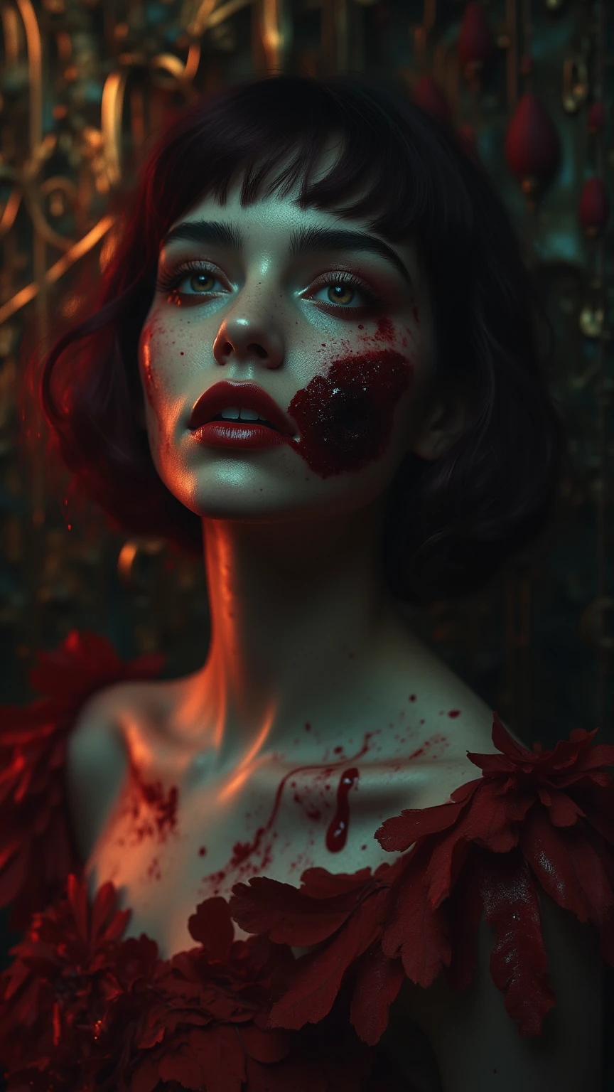 The image is a digital illustration of a woman with red lips and red splattered background.
