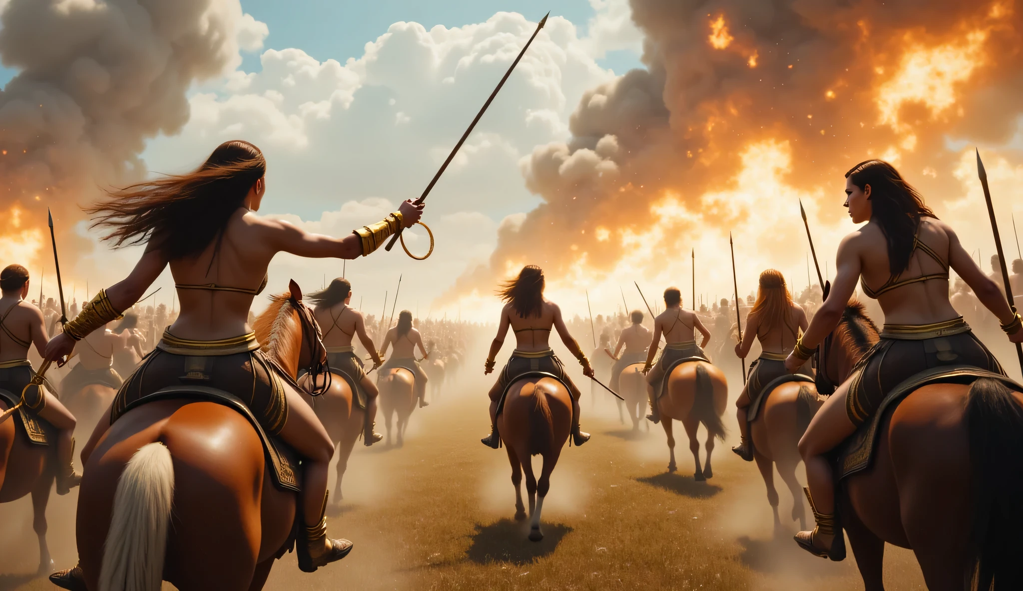 Create a work of art that depicts a dynamic scene of a cavalry charge during battle. In the foreground, a group of naked female, cavalrywomen on spry white horses charge towards the viewer, swords in hand, their expressions concentrated and intense. Dust rises beneath the hooves of their horses, signaling the urgency of their advance. The center area is littered with more naked female cavalry, adding to the sense of movement and chaos of battle. The background is a tumultuous sky, reminiscent of an ongoing storm, adding to the drama of the scene. Capture the scene with vibrant and expressive brushwork that conveys movement and emotion, with a color palette that emphasizes the contrast between naked women and the moody sky
