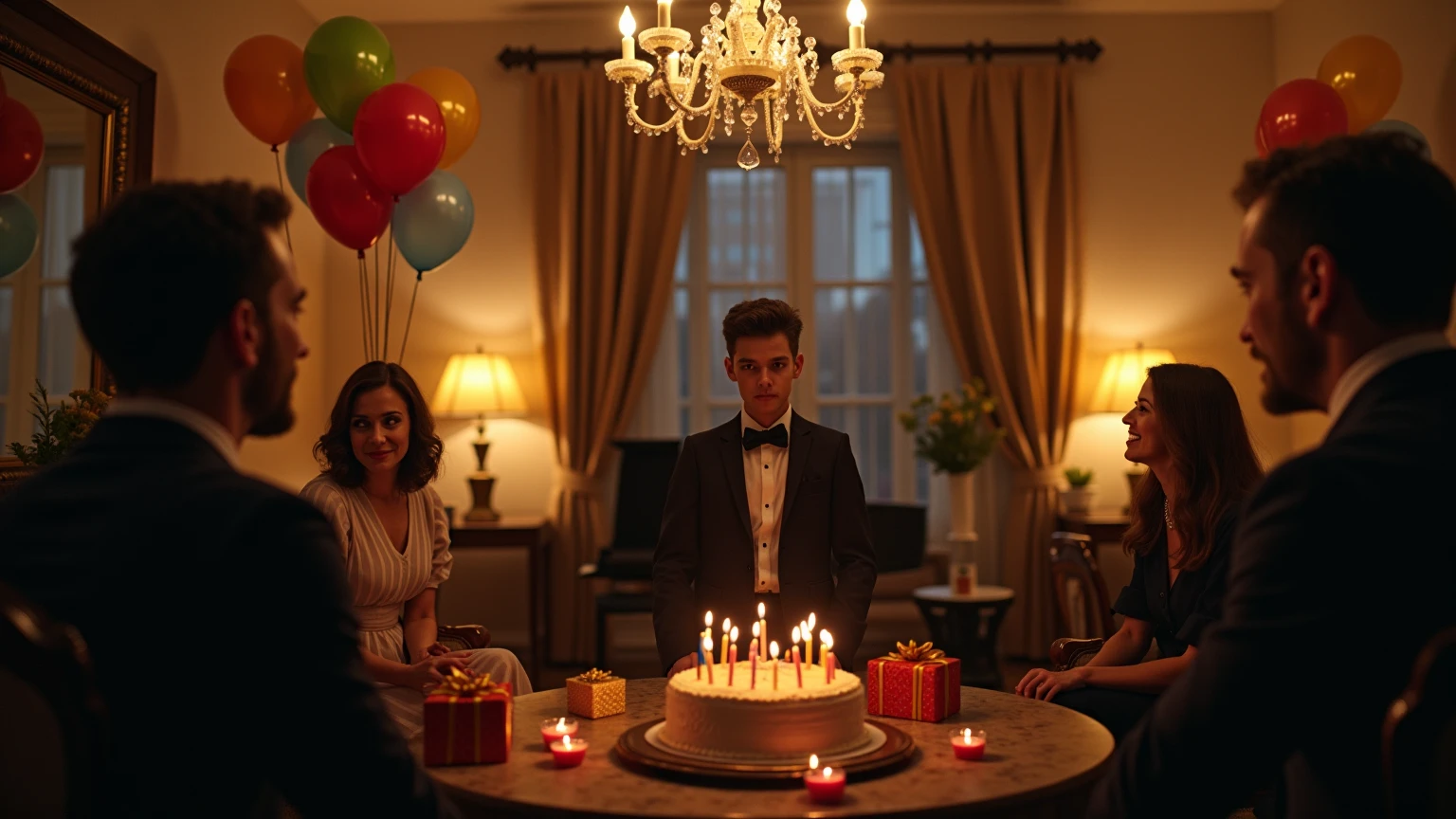 A digital painting of three people sitting around a table with a birthday cake celebrating happily. Maria, the birthday girl, is in the middle and there are two other young people, on one side a young black man and on the other a young blonde. Maria is in the middle of the two people, she is short and has short black hair, she wears a dark green dress with a string and a black star pendant. The other two people have brown hair. Balloons are in the background, in the style of digital art with rough brush strokes and a rough paint texture against a simple background in high definition, in the style of digital art with rough brush strokes and a rough paint texture on a simple background in high definition, in the style of Greg Rutkowski and in the style of Ashley Wood and in the style of Paul Kenton.