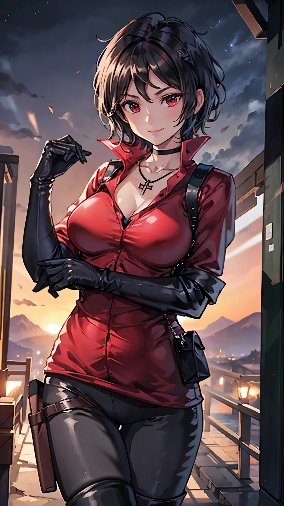 (masterpiece, best quality, ultra-detailed),cityscape,(upper body),looking at viewer,<lora:CinderFall-10:1>,CinderFall,red dress,china dress BREAK yellow eyes,short hair,black hair,hair over one eye,jewelry,earrings,scar BREAK covered nipples,small breasts,cleavage cutout,(skin tight:1.1),black gloves,elbow gloves BREAK thighhighs,