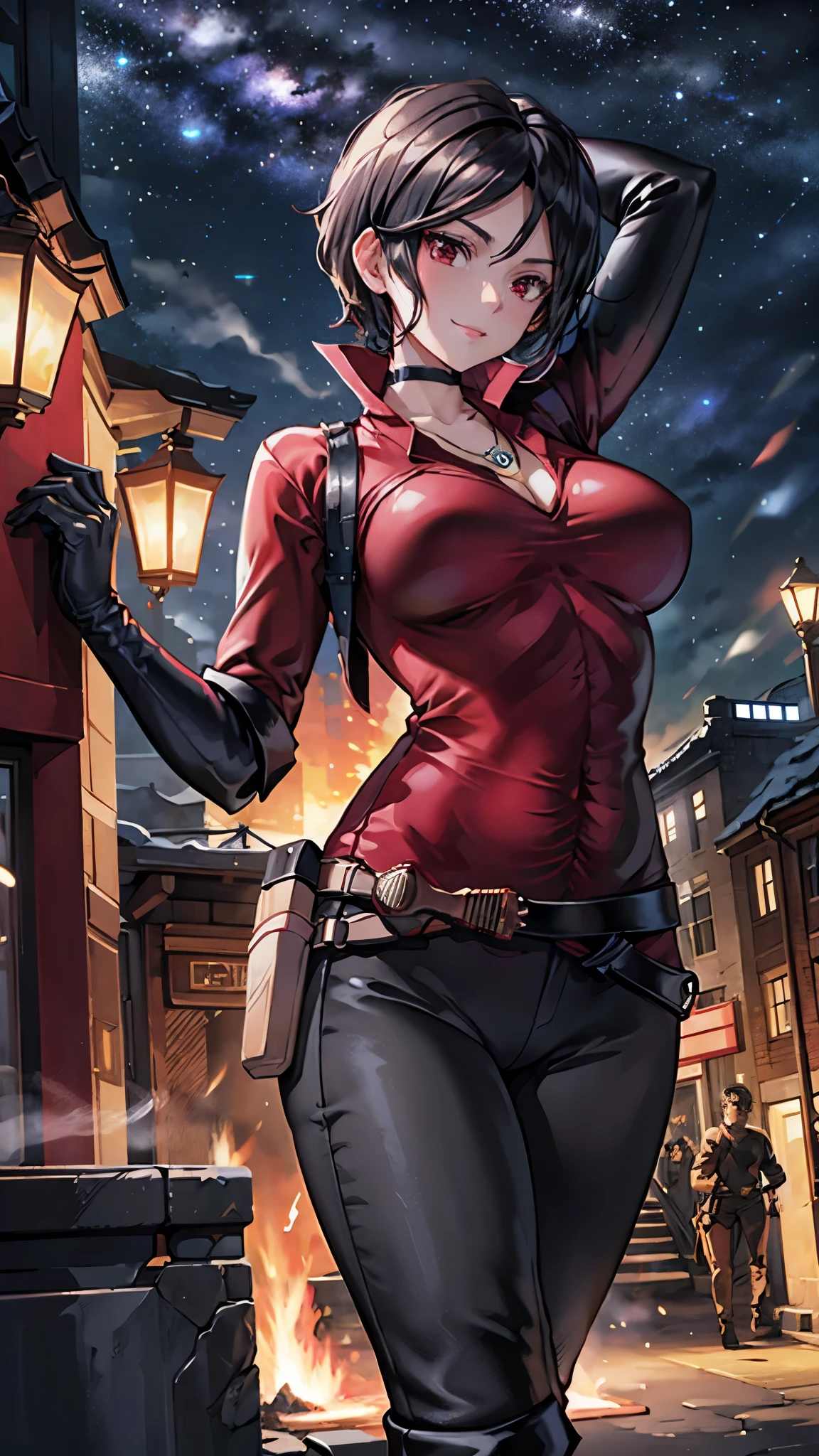 score_9, score_8_up, score_7_up, score_6_up, seductive expression, twisted torso, I-no from Guilty Gear, black hair, iridescent eyes, bobcut, red witch hat, cropped red jacket, cleavage, underboob, bare shoulders, detached sleeves, fingerless gloves, red lipstick, mole on lip, nail polish, eyeshadow, full lips, nipple slip, busty, red leather microskirt, round ass, exposed thong, (detailed eyes), rooftop, night, source_anime, rating_explicit