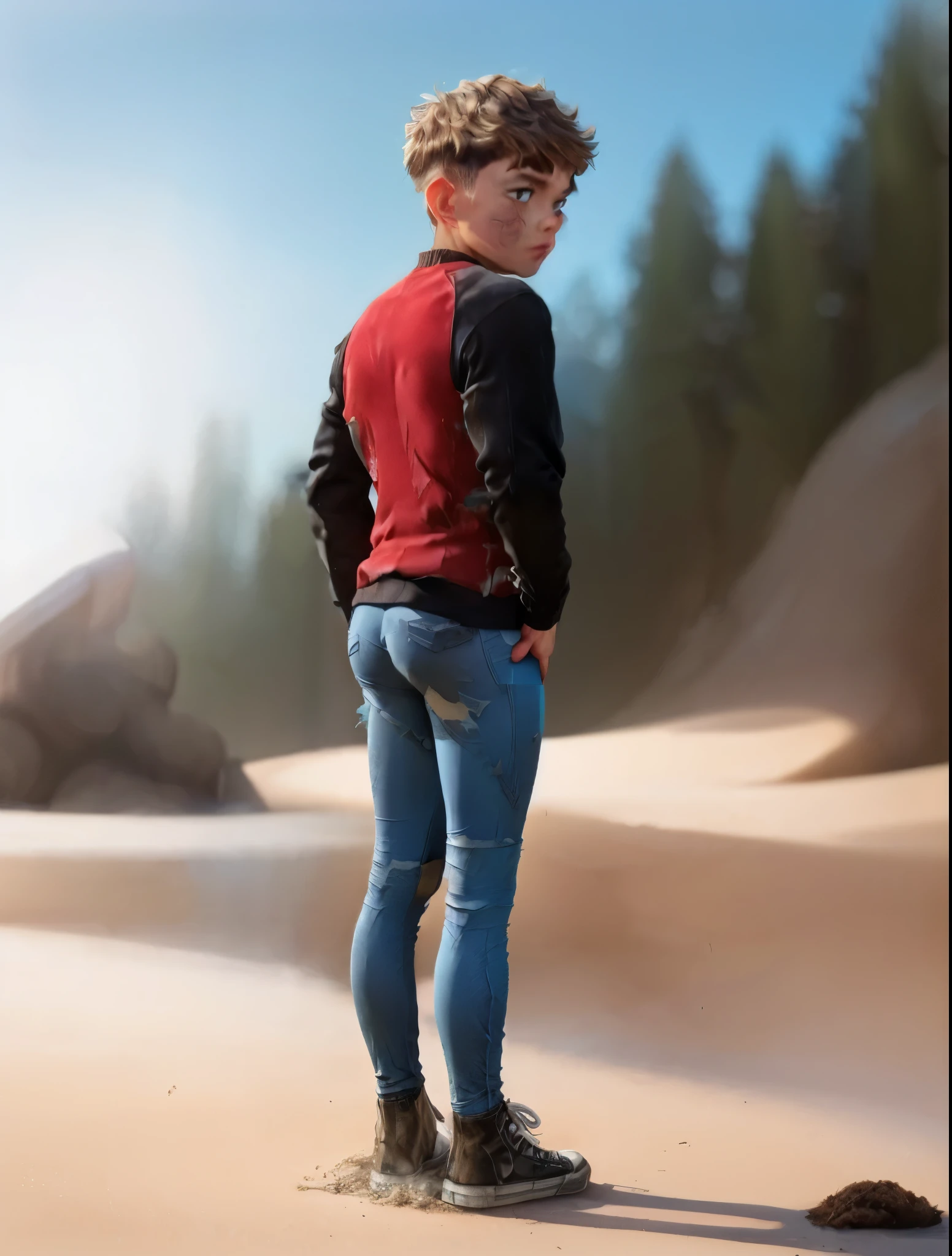 Slim sporty boy 1boy, wearing hoodie, (a pair of very old, dusty, light blue ripped washed-out skin tight leggings jeans:1.8), converse (white dirty knee high sneaker-boots x-hi1.5), (legs spread, medium length), (small bulge), (front view), (pooping self:1.8), (pooping:1.8) (dynamic angle, standing pose:1.2), outdoors, (have to poo) Close-up on pants (poo through jeans:1.2). The denim leggings hug his legs tightly, accentuating every curve and muscle. A long, hard piece of excrement protrudes from a small hole between the back pockets of his jeans, tearing the seam underneath.