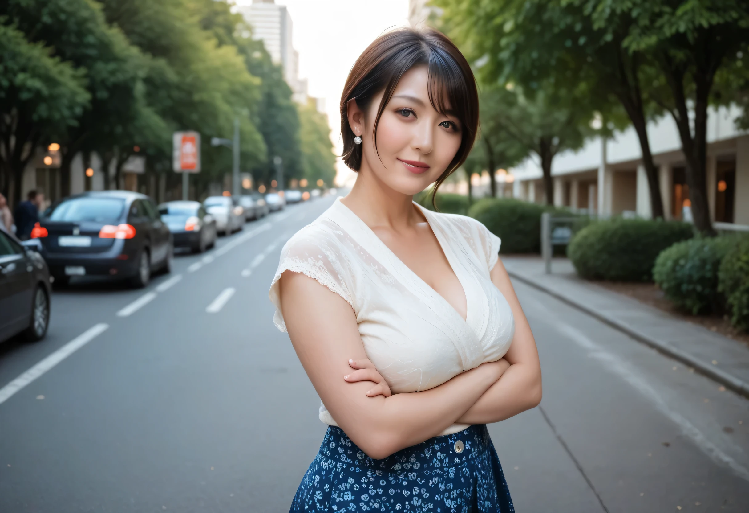 ( Photorealistic), Live Action Realistic Depiction, Real People, Ultra Quality, Ultra Highres, Realistic, (( Realistic Depiction)), Score_9, Score_8_up, Score_7_up, Score_6_up, ( Hyper Photorealism), Sharp Focus, ((( Real Skin Texture))), Natural Skin Glow, Extremely Detailed Skin, Beautiful Fine Face, Detailed Facial Depiction, Perfect And Natural Makeup, Beautiful Eyes, Dark Brown Hair, (( Very Beautiful Japanese Milf, Japanese Woman in Her 30s, Face of a 30 Year Old, Intellectual beauty, Short Hair)), ( Curvy Body, Large Breasts:1.1, Large Ass:1.1), 1 Woman, Married Woman, (( Casual clothing, Blouse, Skirt)), (( In a big city park, Standing Pose, Looking at Viewer, Natural Lighting))