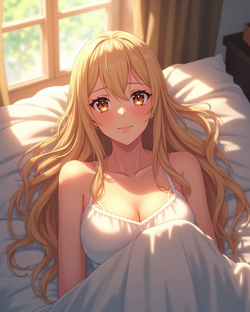 a beautiful young girl, blonde hair, green eyes. She was lying on the bed with her shirt rustled, her neck had a few lipstick marks, and roses were spread all over the bed. Erotic, bold, anime characters