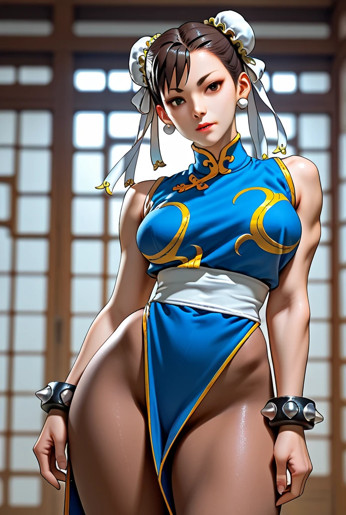 Yamato wearing Chun Li's classic outfit,Masterpiece, doing standing split, raising her one leg in air, one piece, yamato, red horns, best quality, ultra detailed, 8k, !( beautiful Yanato wearing Chun li's classic outfit, perfect body, big thighs ) looking Chun-Li, , medium breastchun-li from street fighters series perfect eyes , masterpiece, best quality, highres, (finely detailed beautiful eyes and detailed face), (face through thigh: 1.4), solo, lady, (beautiful background), dynamic angle, light face, sunlight, (bright face: 1.2), very wide hips, very thick thighs, (full body shot) , blue chinese dress,18yo, sharp eyes, medium breasts, toned, 8k, full body, ambient lighting, ring, arn thick thighs, detailed legs, flexible, muscular,park background,Detailed background,nsfw,spread legs,(red blush,angry:1.2),(muscular legs:1.3) ,metal collar,(sitting:1.2),(sex:1.4),from above, show nipples, show vagina, spread legs.