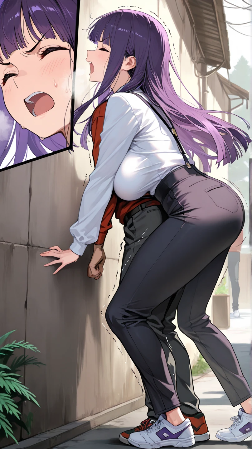 Hews style, medusa (fate), black sweater, jeans, sitting on stool, anal sex, ass focus, huge penis, 1girl, 1boy, hetero, cleavage, navel, large_breasts, blush, thighs, wet