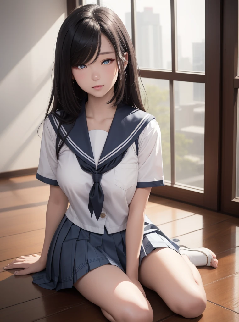 ((Top Quality, 8k, Masterpiece: 1.3)), Woman sitting on floor in uniform, Surreal Schoolgirl, Surreal Schoolgirl, Realistic Anime 3D Style, 3D Realistic, Realistic Schoolgirl, 3D Girl, Photorealistic Girl Render, Cute 3D Girl Render, 3D Style, Realistic Young Girl, Beautiful Schoolgirl