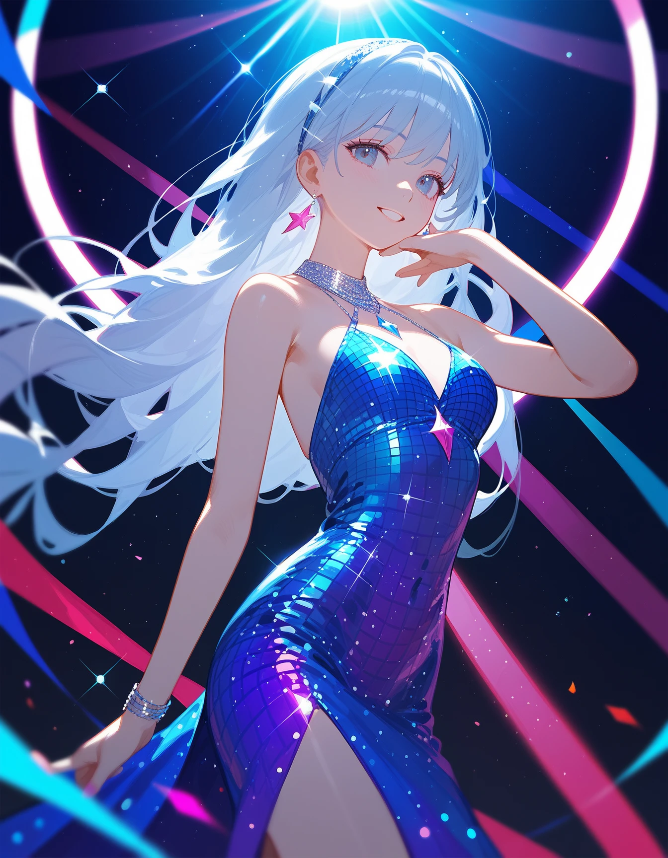Highest quality、High resolution、Detailed Background、(Beautiful face in every detail:1.4)、Anatomically correct、(Detailed facial expressions)、(Detailed eyes:1.2)、Beautiful women in their 20s、(Highly detailed face:1.4)、(Huge breasts:1.2)、Cute hair colour、Braided long hair、Wavy Hairstyle、well-groomed eyebrows、Cute Eye Makeup、Cute Lip Makeup、Perfect body line、party、Excited、Uplifting、A big smile、smile、
(Beautiful woman dancing in a holographic laser dress under the lights:1.5)、Dance to the rhythm with relaxed steps to impress.、Eyes that everyone admires、Bodycon Dress、Color is black or red、Navy etc.、It&#39;s also a good idea to incorporate glamorous details such as lace and metallics.、Add subtle accents with necklaces, earrings, rings, etc.、Deep V-neck or backless、very beautiful