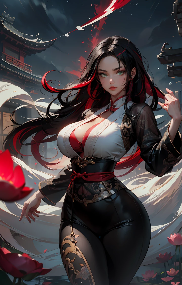 masterpiece, Score_9, Score_8_up, Score_7_up, front view, 1 woman, alone, black hair with red, long hair, parted bangs, dark red eyes, half-closed eyes, parted lips, expressionless, pale skin, large breasts, body suit, black bottom, best quality, horns up, long open bangs, sleeveless shirt, black V-neck, loose pants, high heels, Castlevania, Smoking