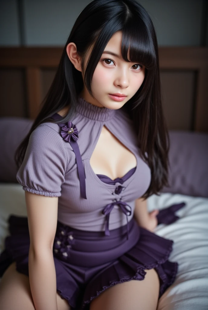 1girl, solo, 18yo, hagikaze_kantaicollection, long_hair, (purple_hair), one_side_up, ahoge, brown_eyes, blush, vest, neck_ribbon, (huge breasts), black_vest, blouse, beach 